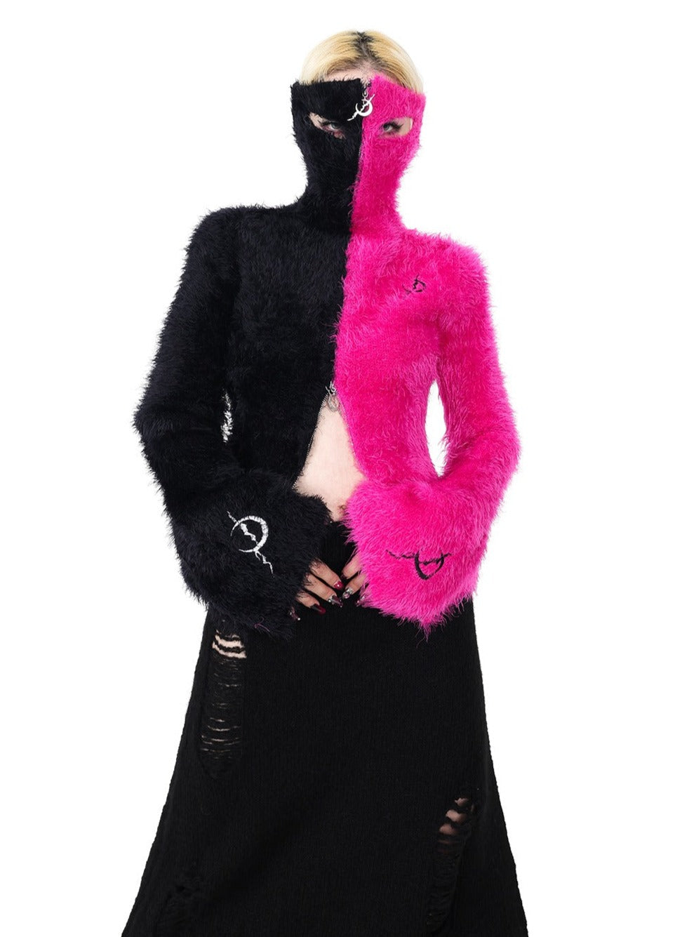 PINKSPINK Two-Tone Fuzzy Cropped Hoodie Cardigan - Black/Hot Pink