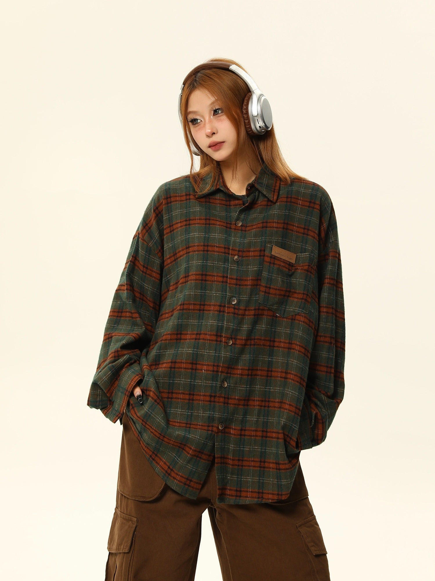 Oversized Plaid Flannel Shirt with Grid Pattern