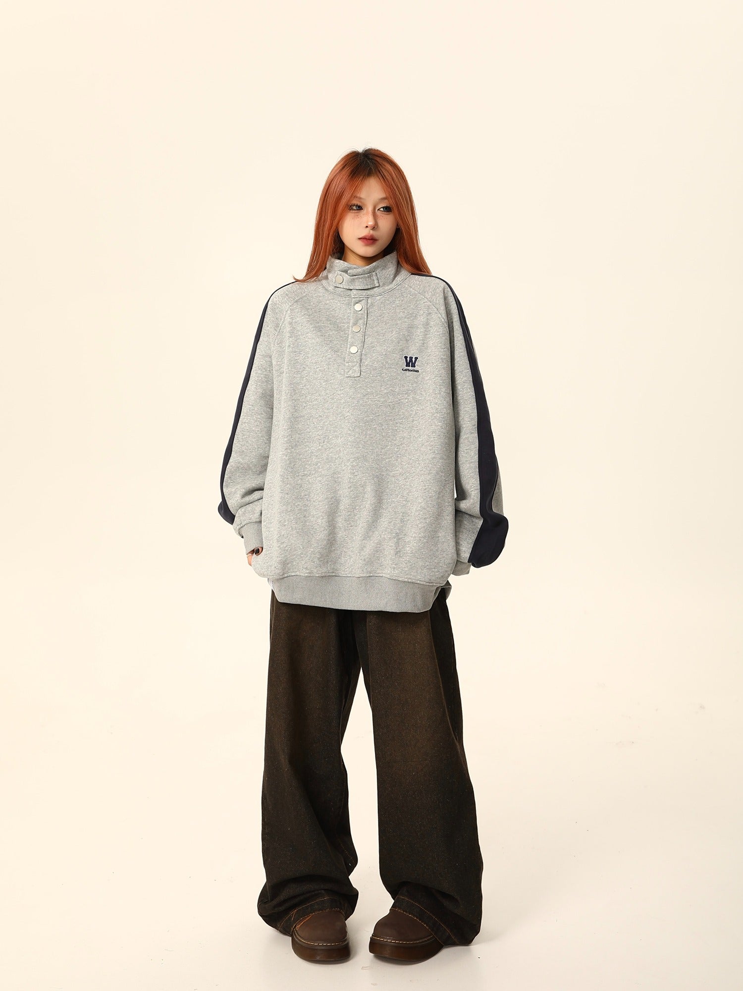 W California High-Neck Button Sweatshirt Coat