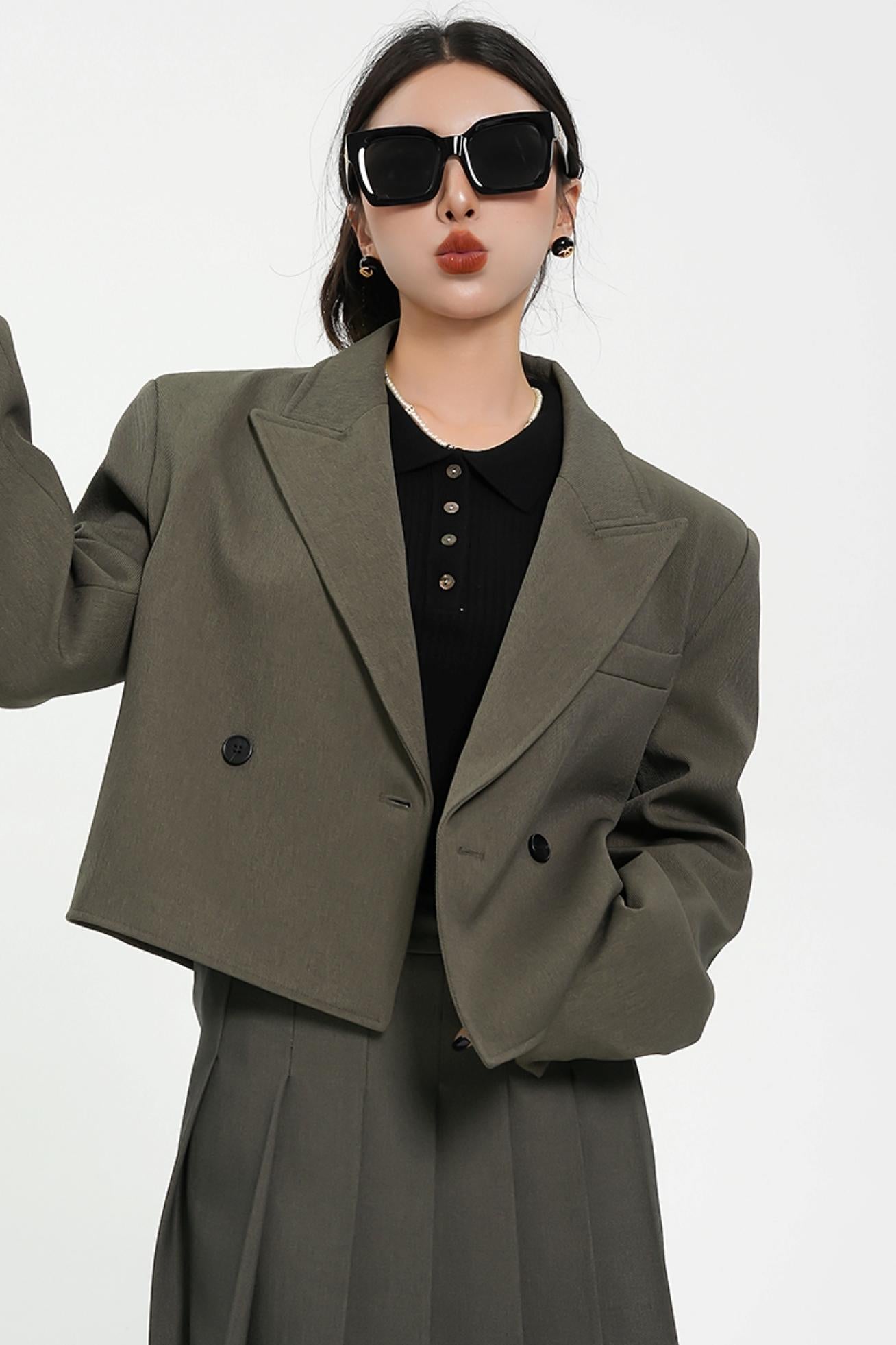 Olive Green Oversized Blazer - Double-Breasted Cropped Suit Jacket