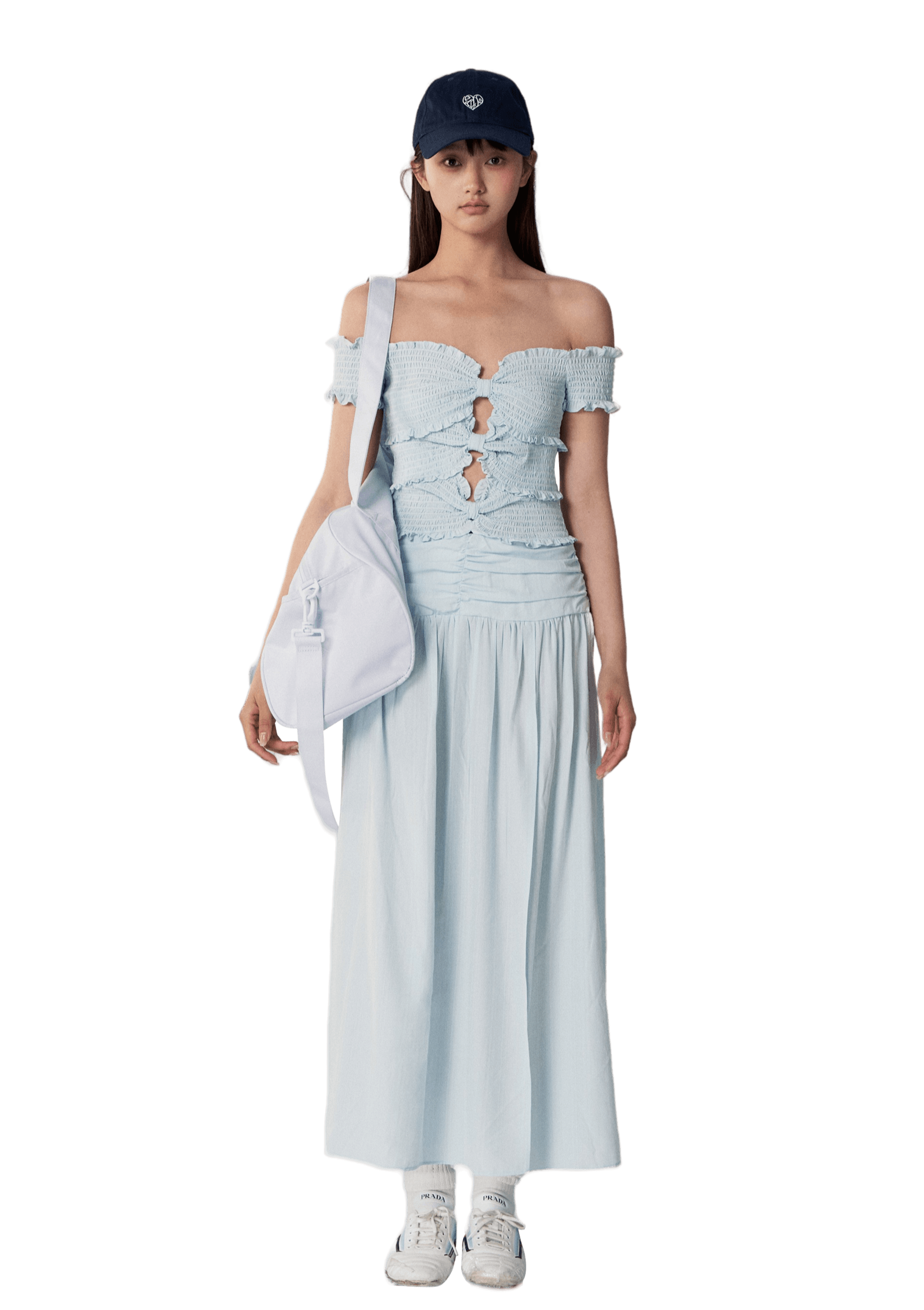 Blue Off-Shoulder Bow-Detail Pleated Long Dress