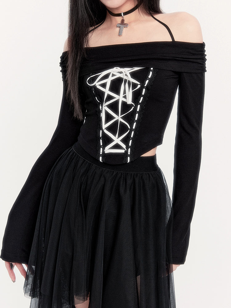 Off-Shoulder Gothic Corset Top and Asymmetric Tulle Skirt