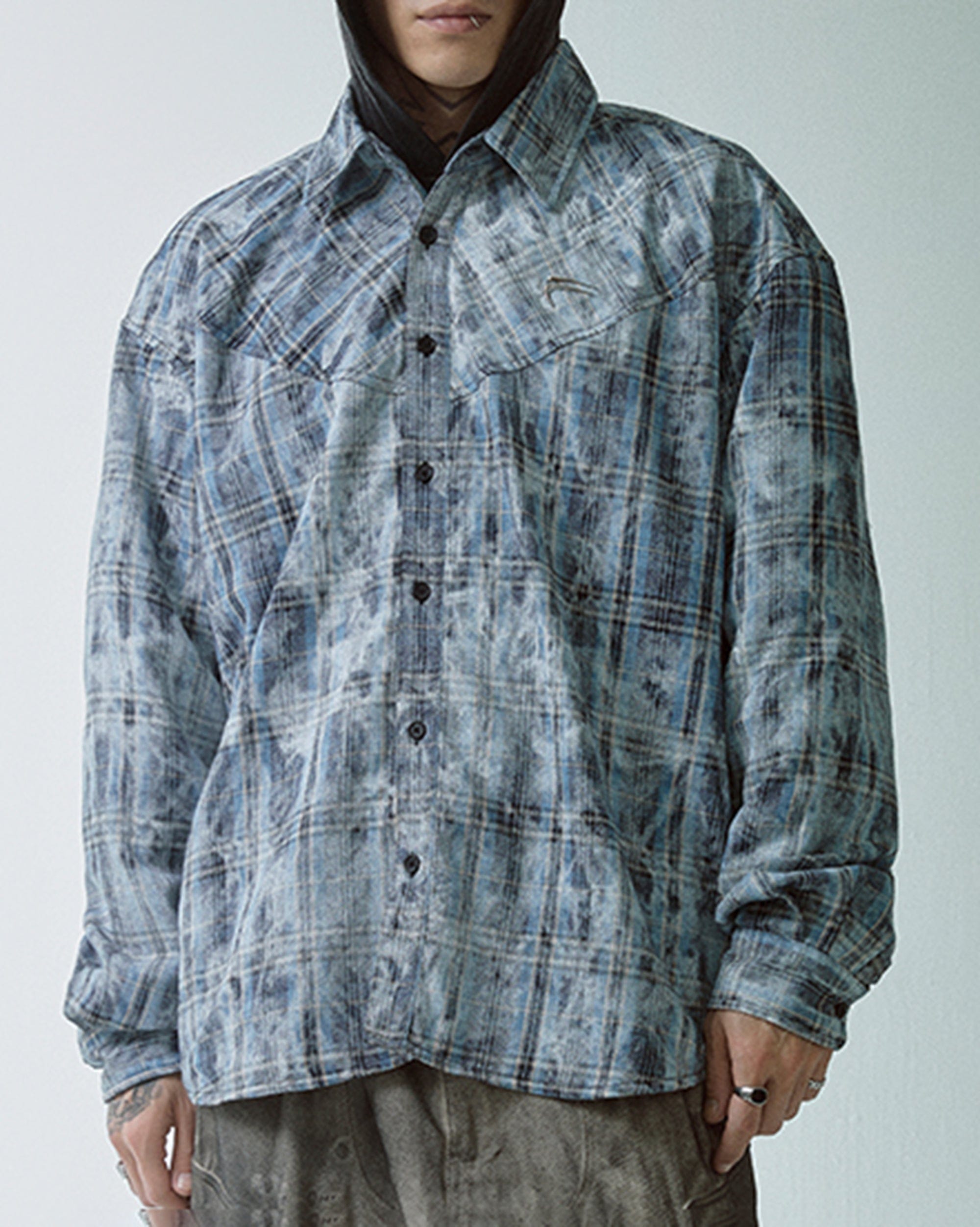 Acid Wash Plaid Flannel Long Sleeve Shirt