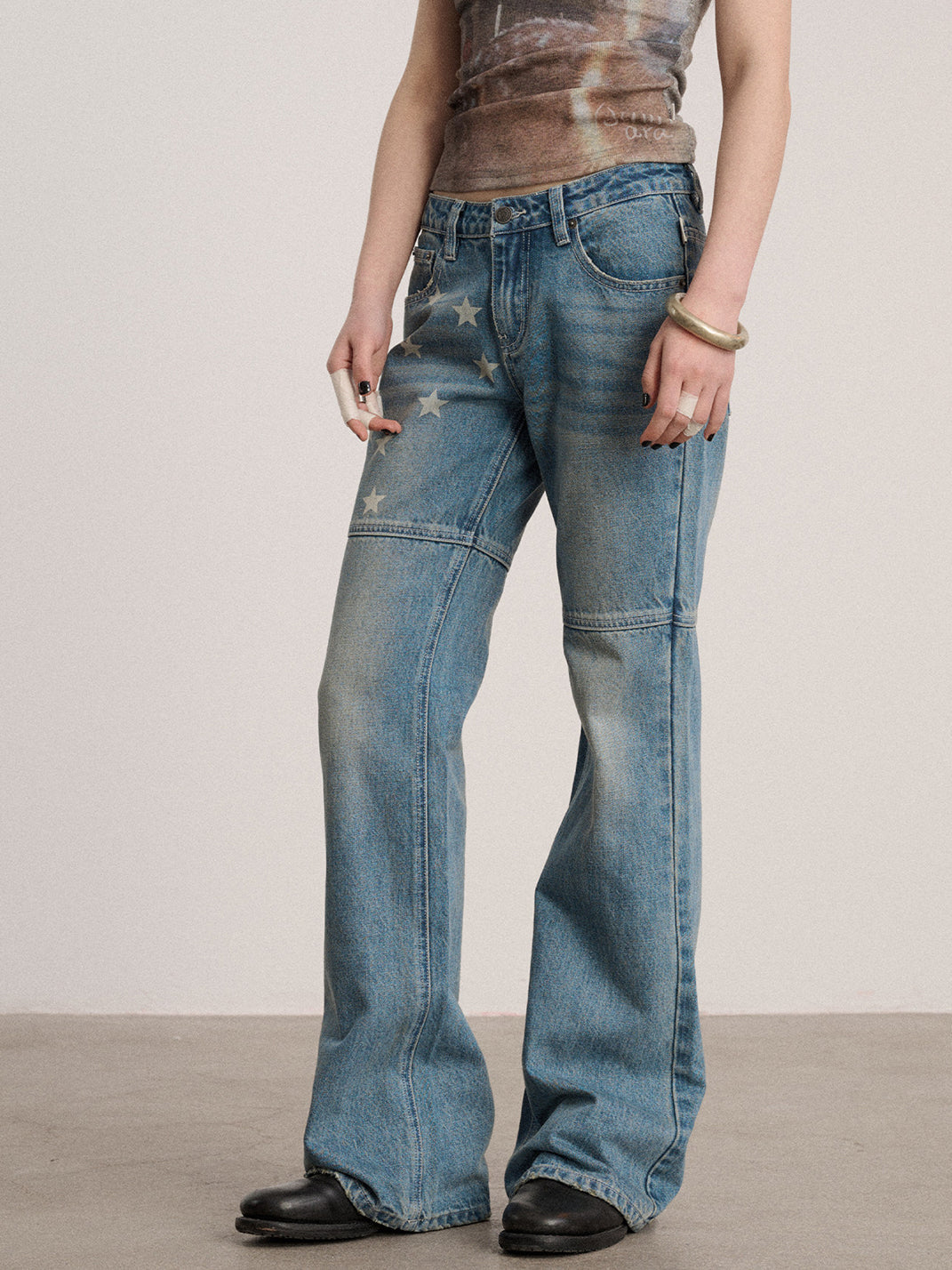 Star Panel Low-Waist Flare Jeans
