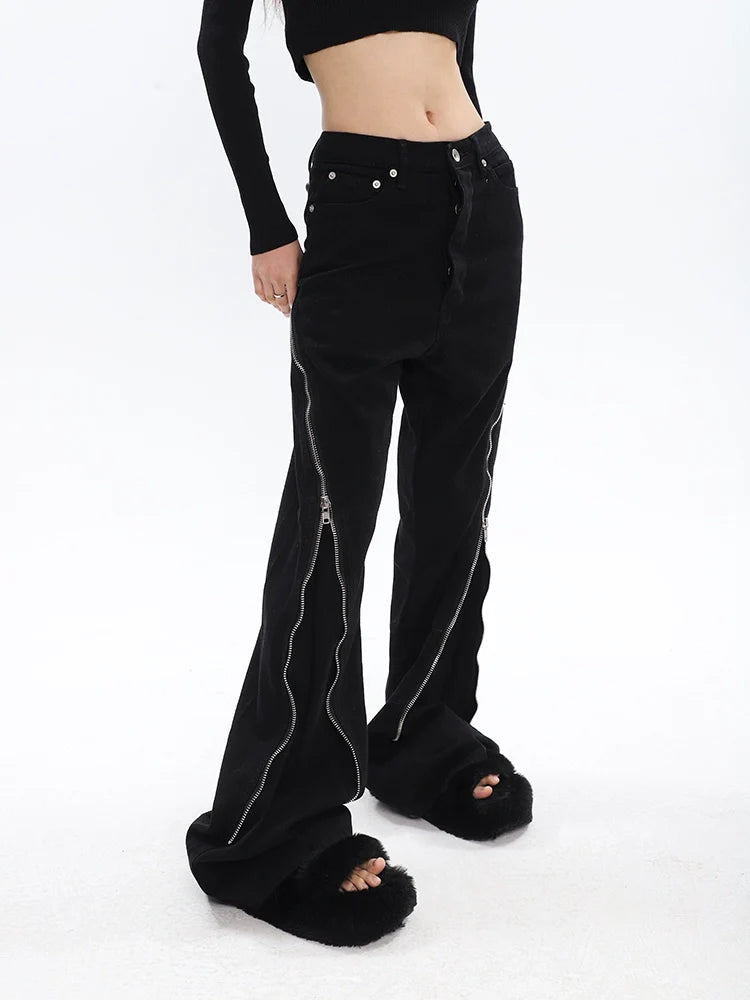 Black Flared Jeans with Decorative Zipper Details