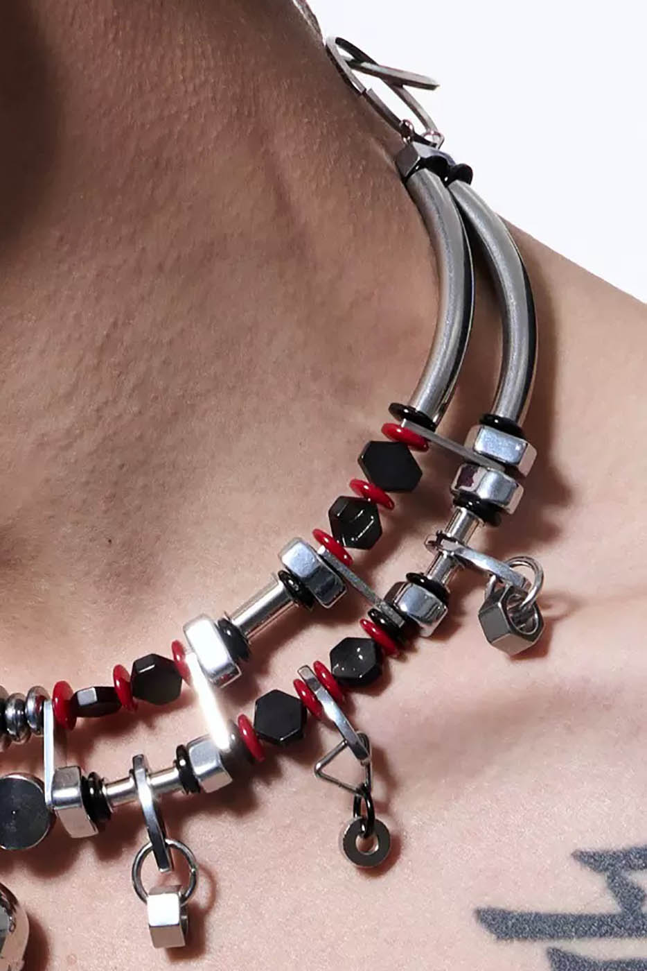 Chrome and Red Heart Skull Necklace