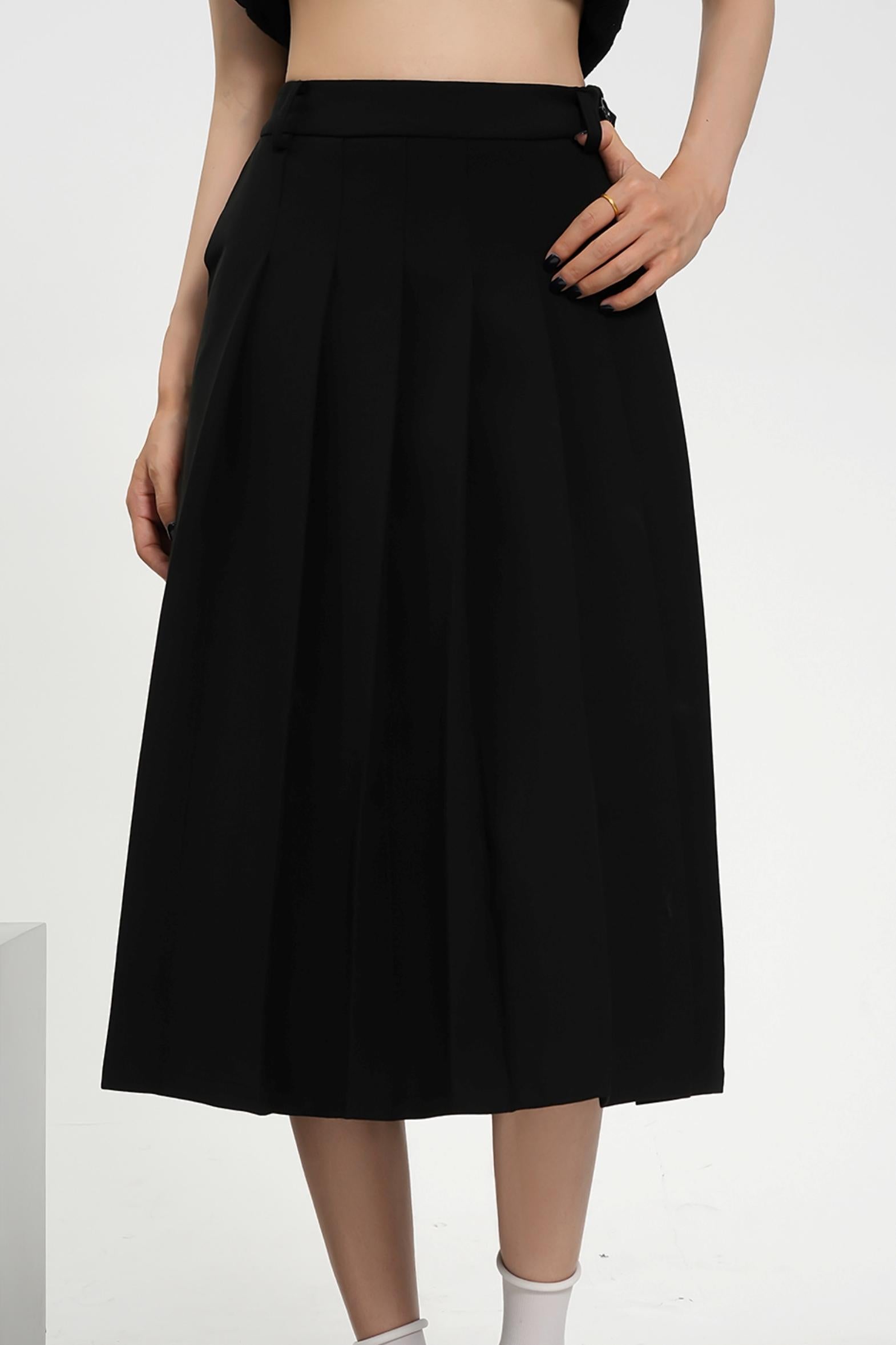 Pleated Midi Skirt - High-Waisted A-Line Olive Green Office Wear