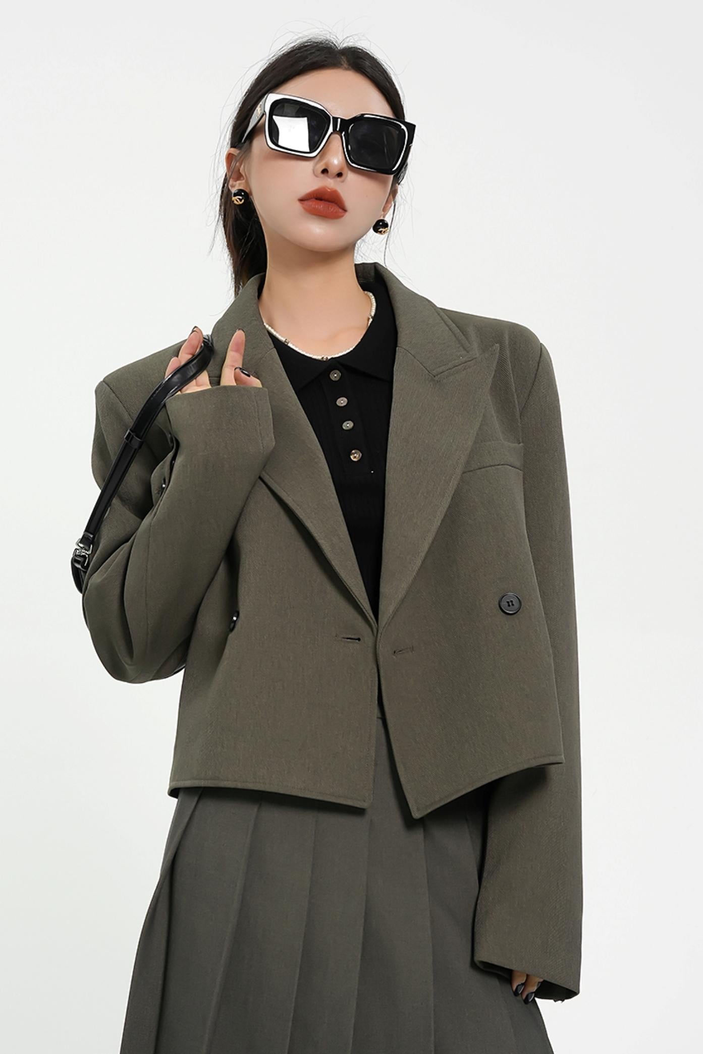 Olive Green Oversized Blazer - Double-Breasted Cropped Suit Jacket