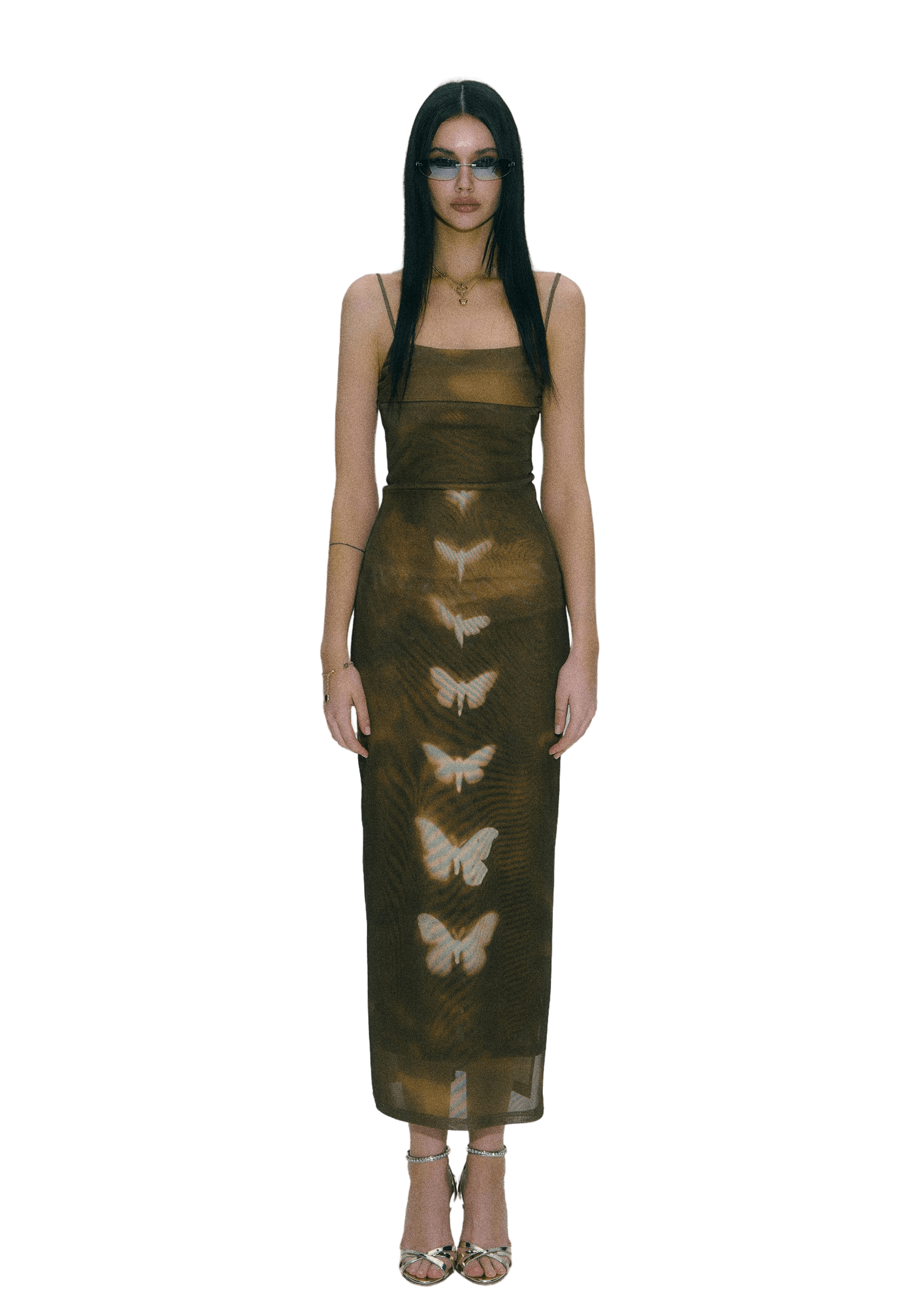 Double-Layer Mesh Butterfly Printed Slip Dress