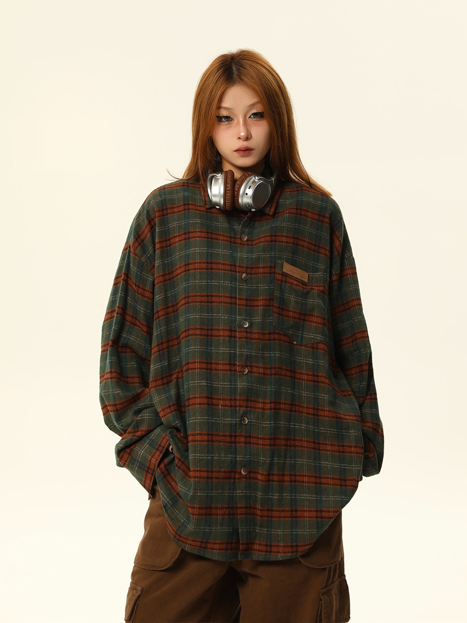 Oversized Plaid Flannel Shirt with Grid Pattern