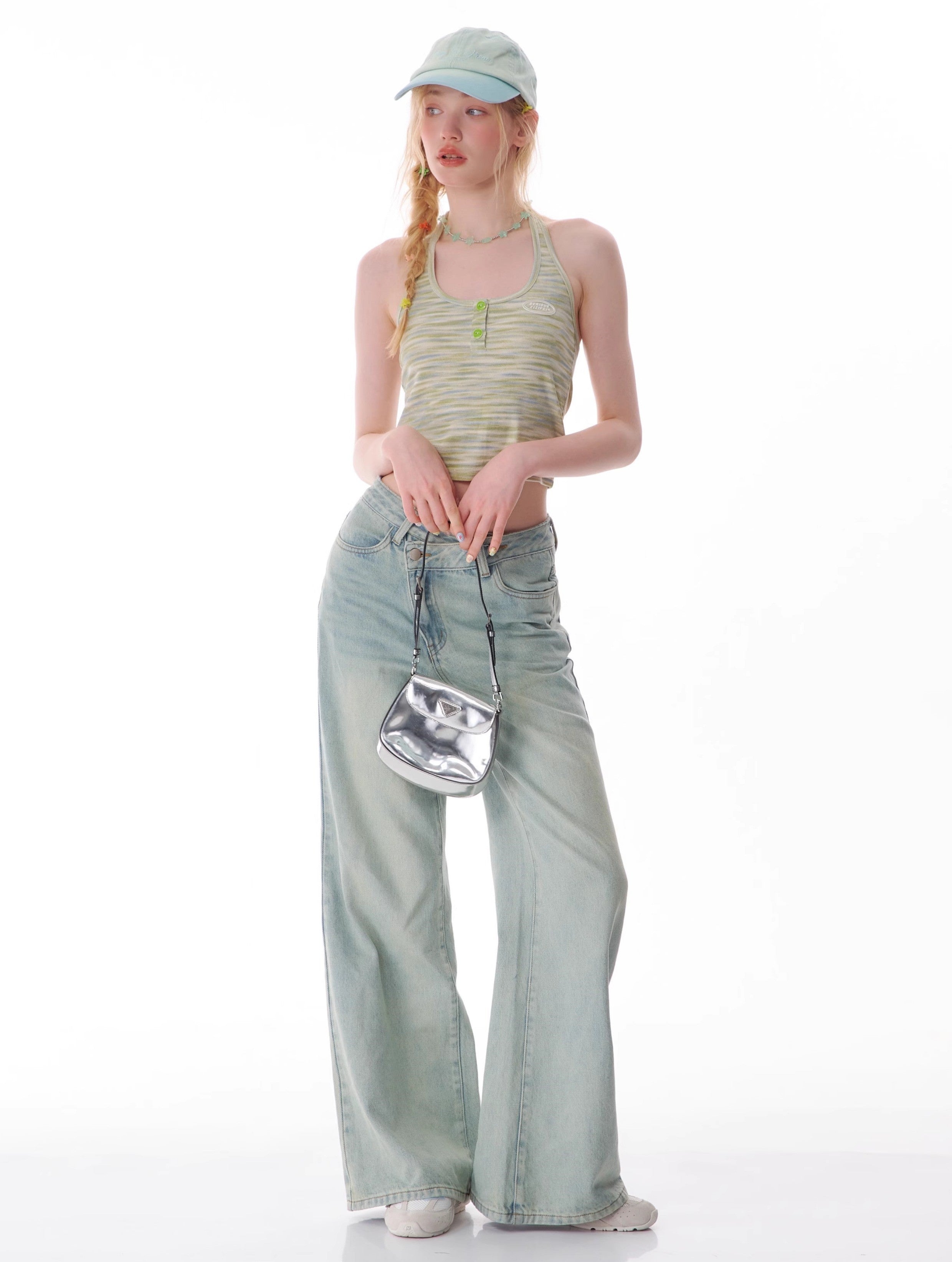 Slanted Light Wash Wide Leg Jeans