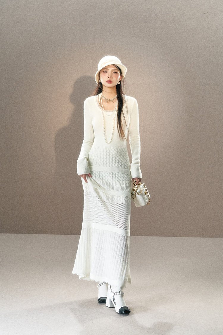 French Lace White Knit Maxi Dress