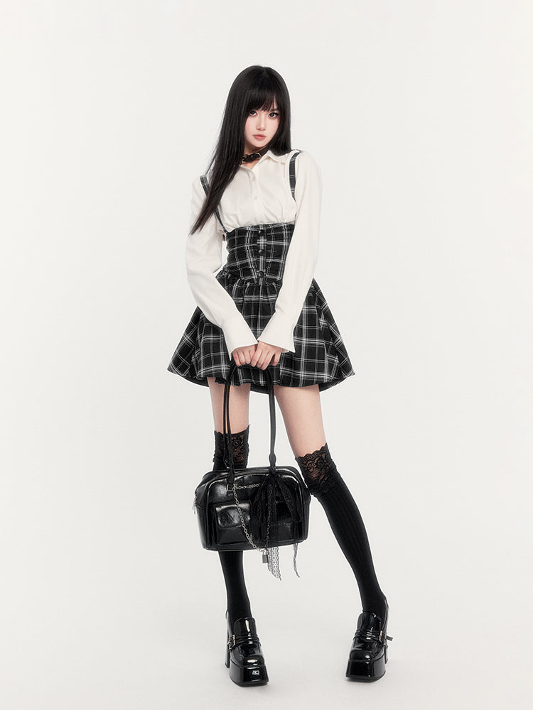 Super High Waist Plaid Suspender Skirt