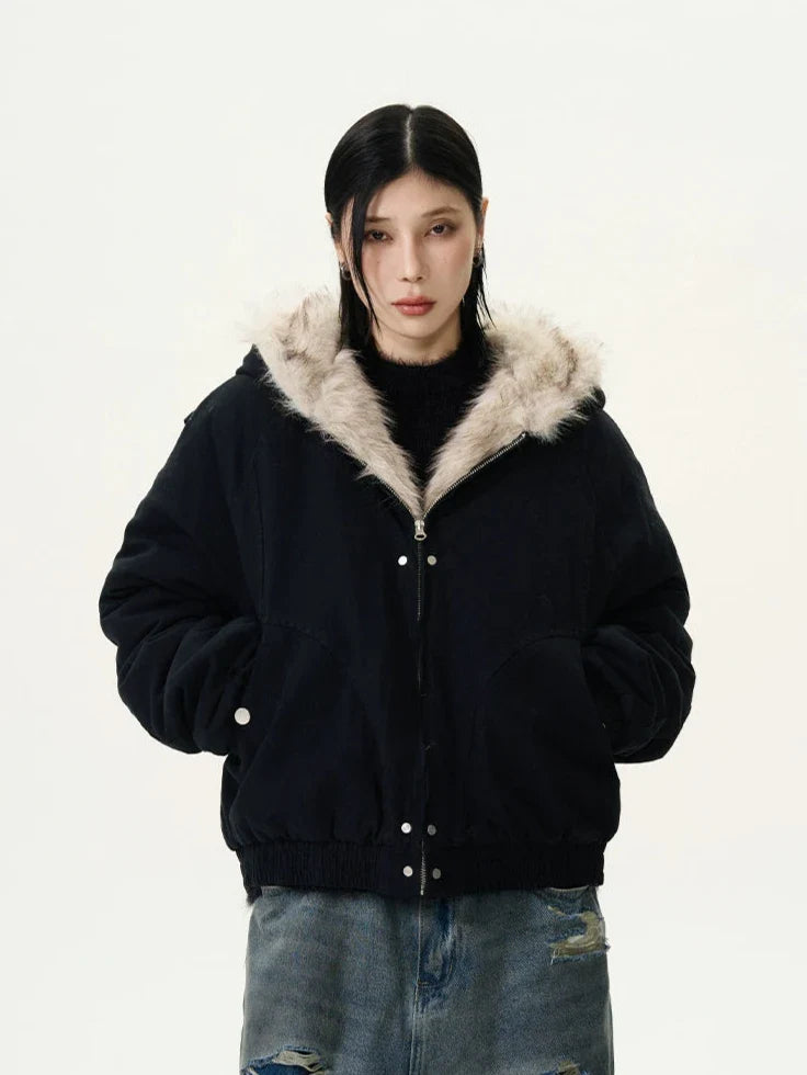 Fur-Trimmed Hooded Bomber Jacket