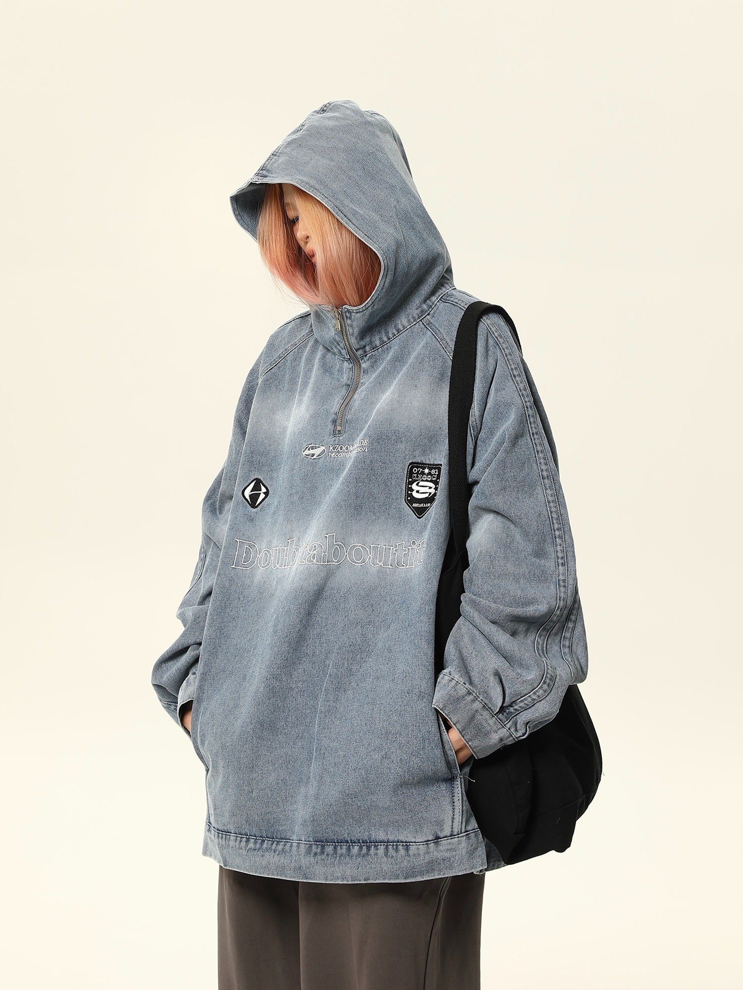 Vintage-Style Quarter-Zip Wash Denim Pullover