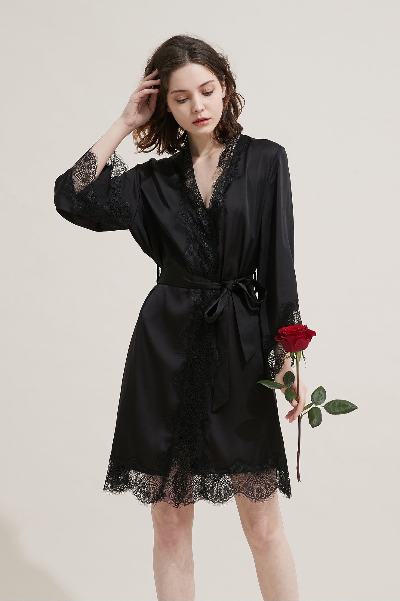 Silk Long Lace Trimmed Robe Sleepwear Loungewear - chiclara