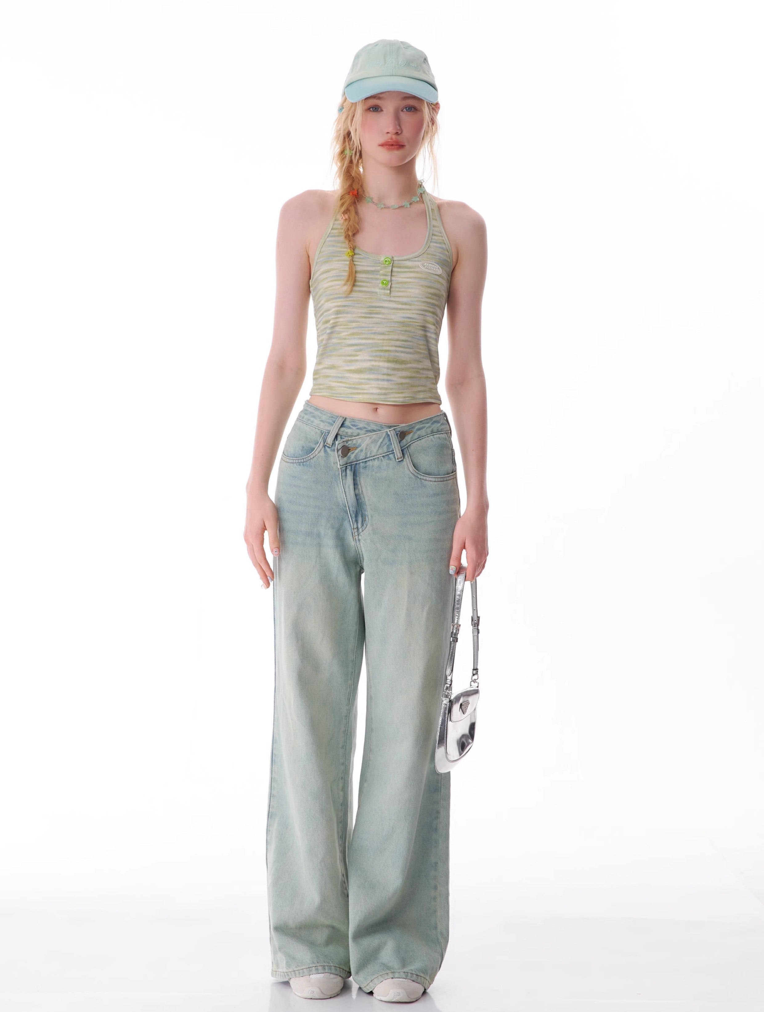 Slanted Light Wash Wide Leg Jeans