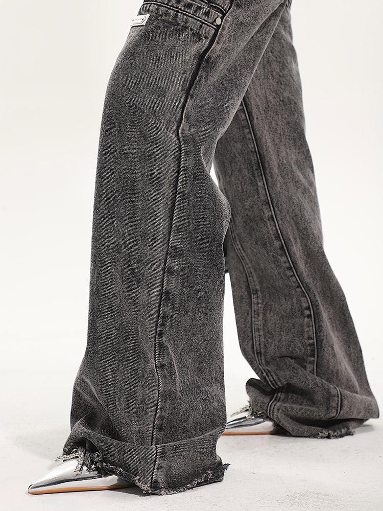 Full-Length Washed and Distressed Straight-Leg Jeans - chiclara