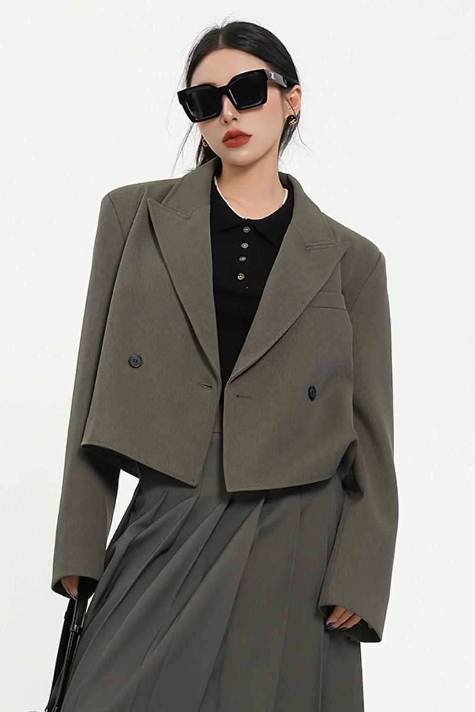 Olive Green Oversized Blazer - Double-Breasted Cropped Suit Jacket