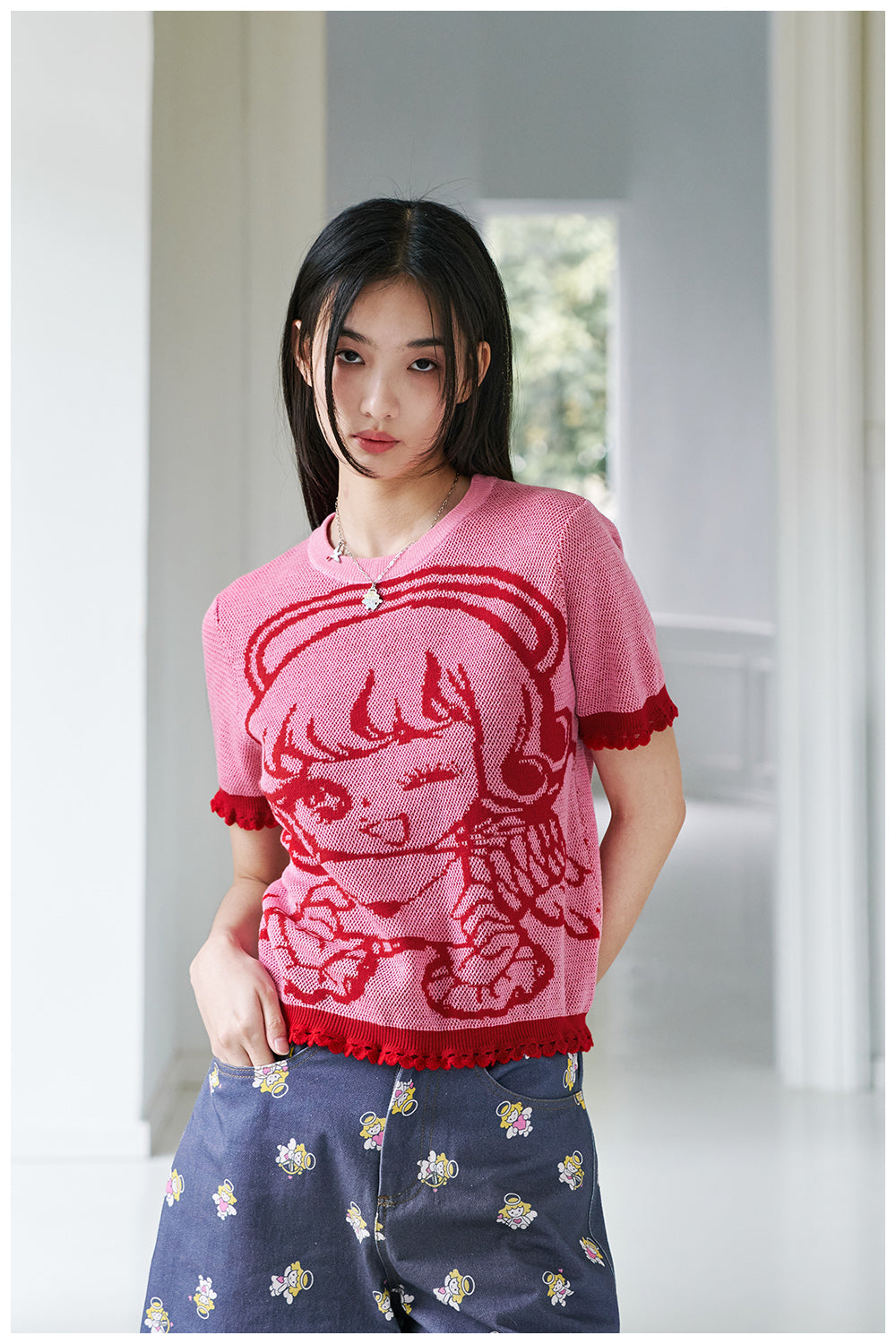 Knit Character Top with Ruffle Trim