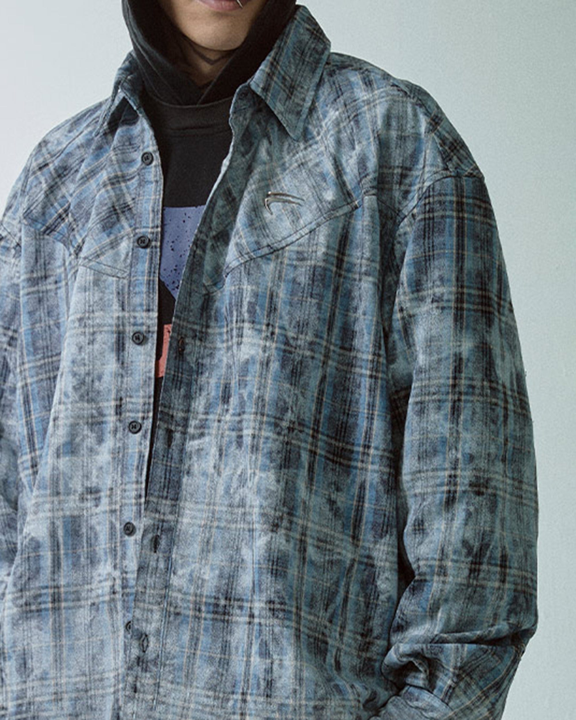 Acid Wash Plaid Flannel Long Sleeve Shirt