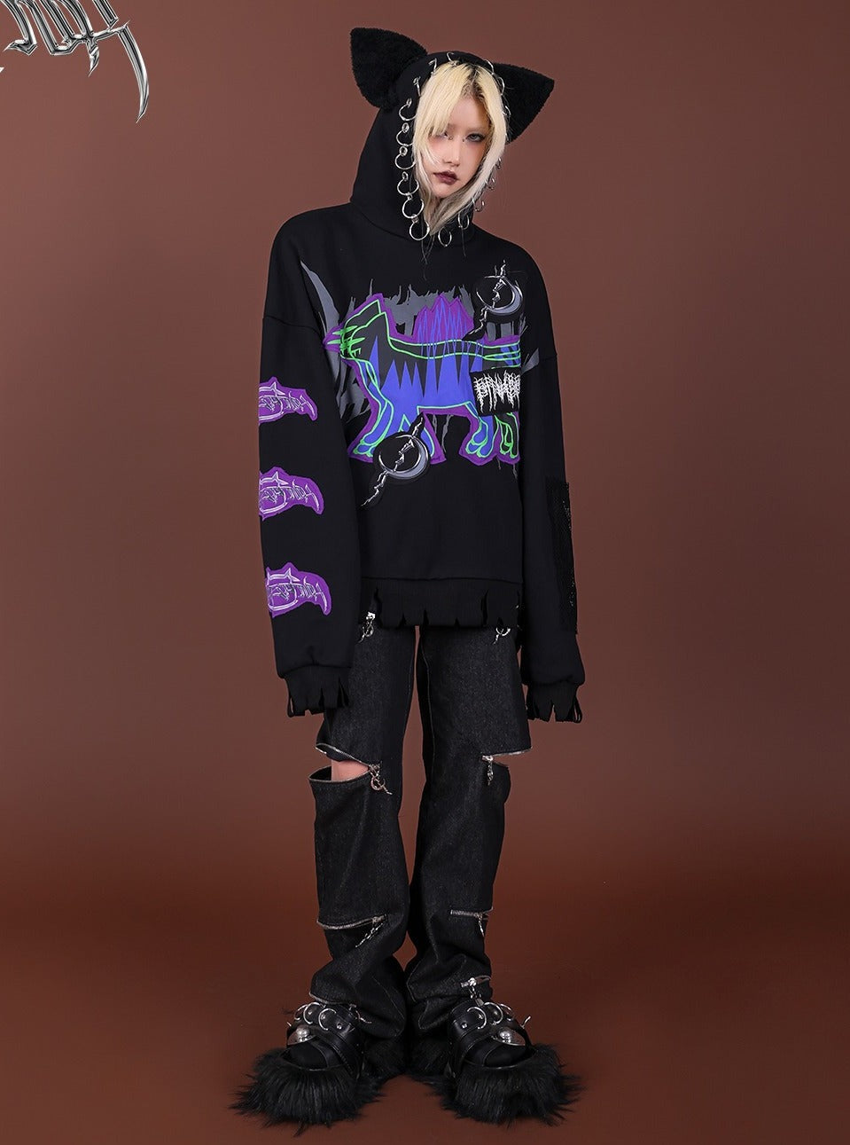 PINKSPINK Cat-Eared Neon Skeleton Hoodie - Black