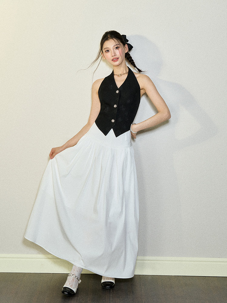 Black Crystal Button Vest/Skirt