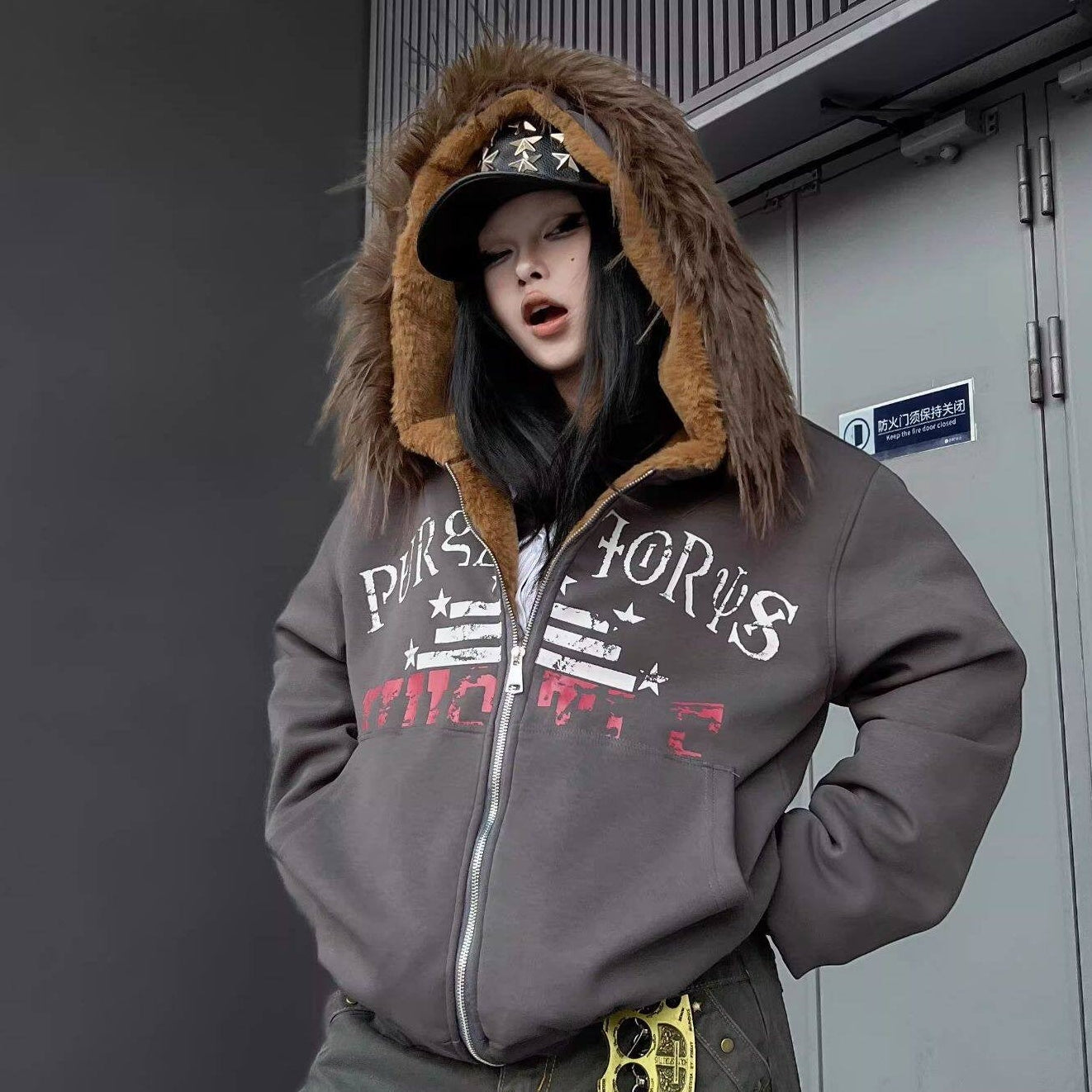 Men's Faux-Fur Graffiti-Print Zip-Up Hooded Jacket
