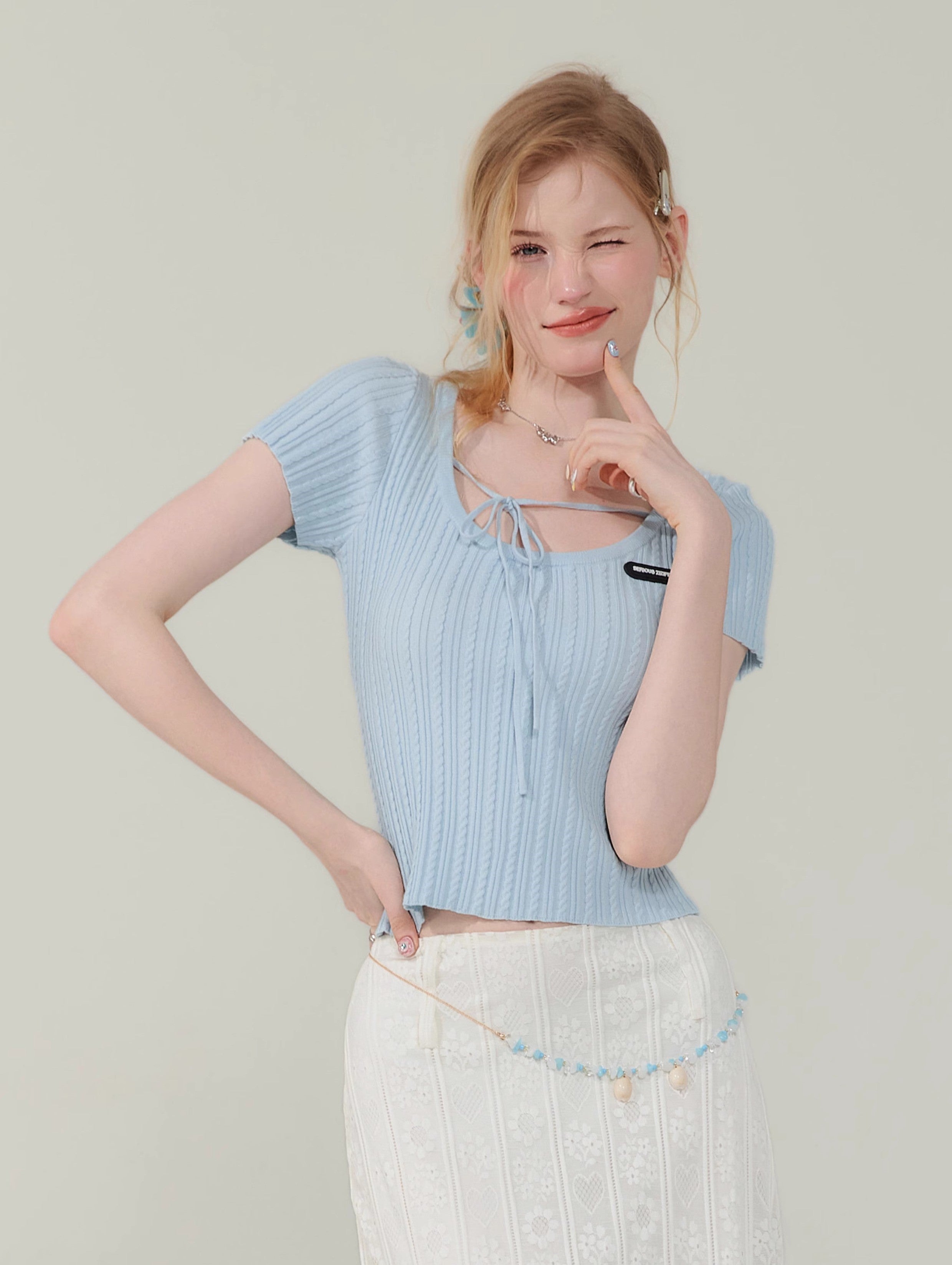 Lace-Up Ribbed Knit Top