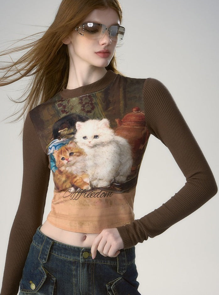 Slim Fit Cat Long Sleeve T-Shirt - chiclara