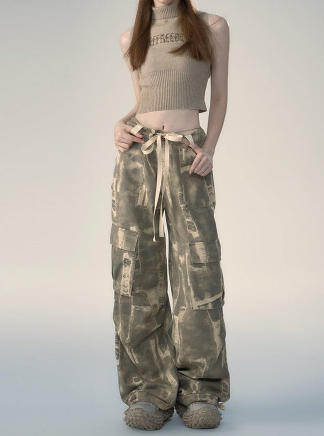 American Street Lace-Up Loose Camouflage Cargo Pants - chiclara