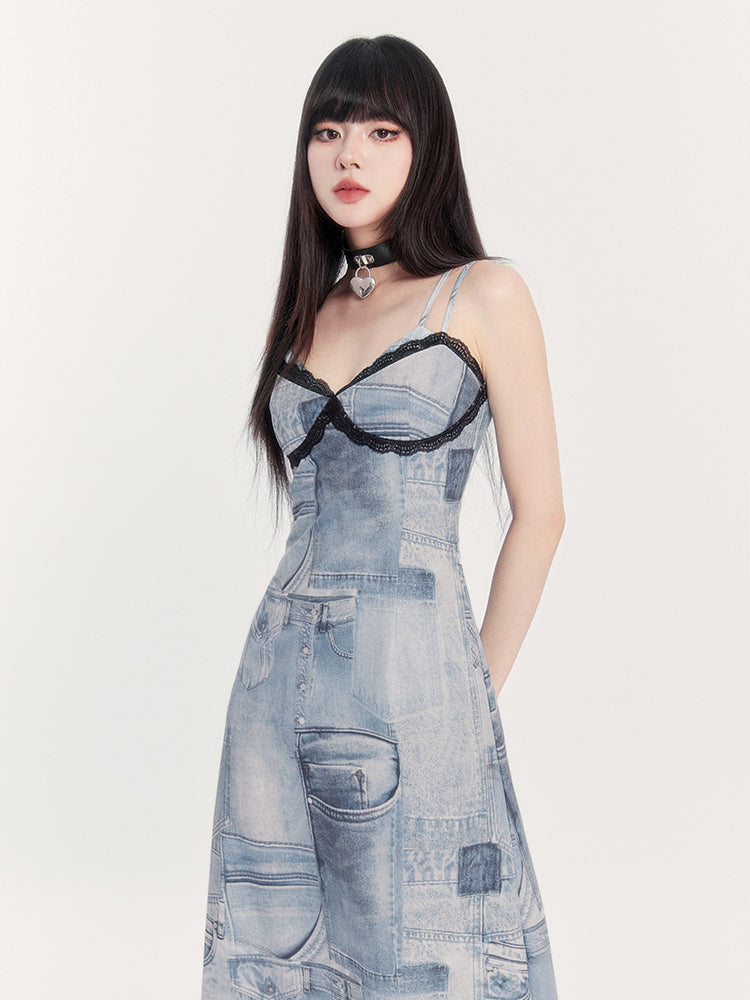 Lace Trim Denim Bustier Dress