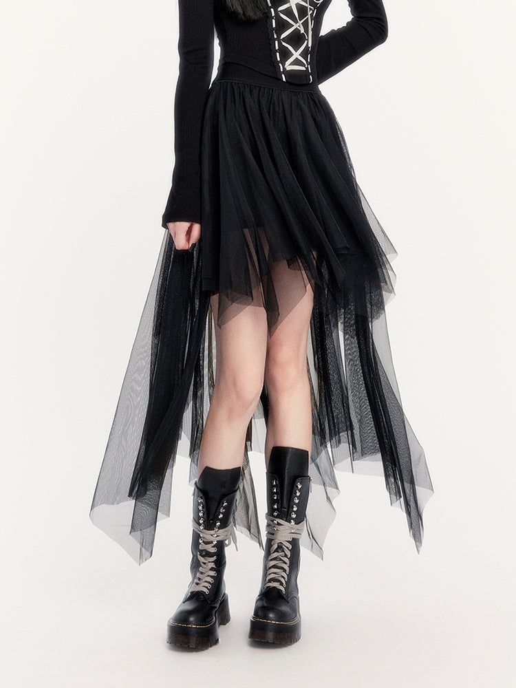 Off-Shoulder Gothic Corset Top and Asymmetric Tulle Skirt