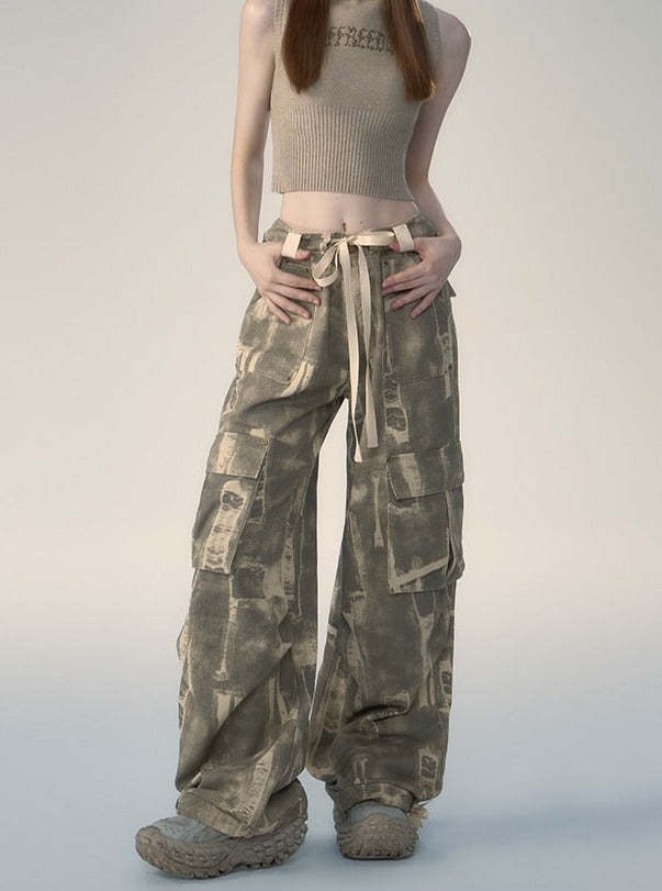 American Street Lace-Up Loose Camouflage Cargo Pants - chiclara