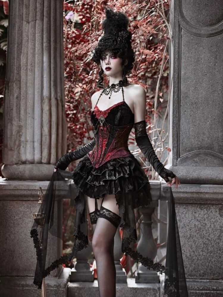 Gothic Velvet Halloween Suspender Dress Set