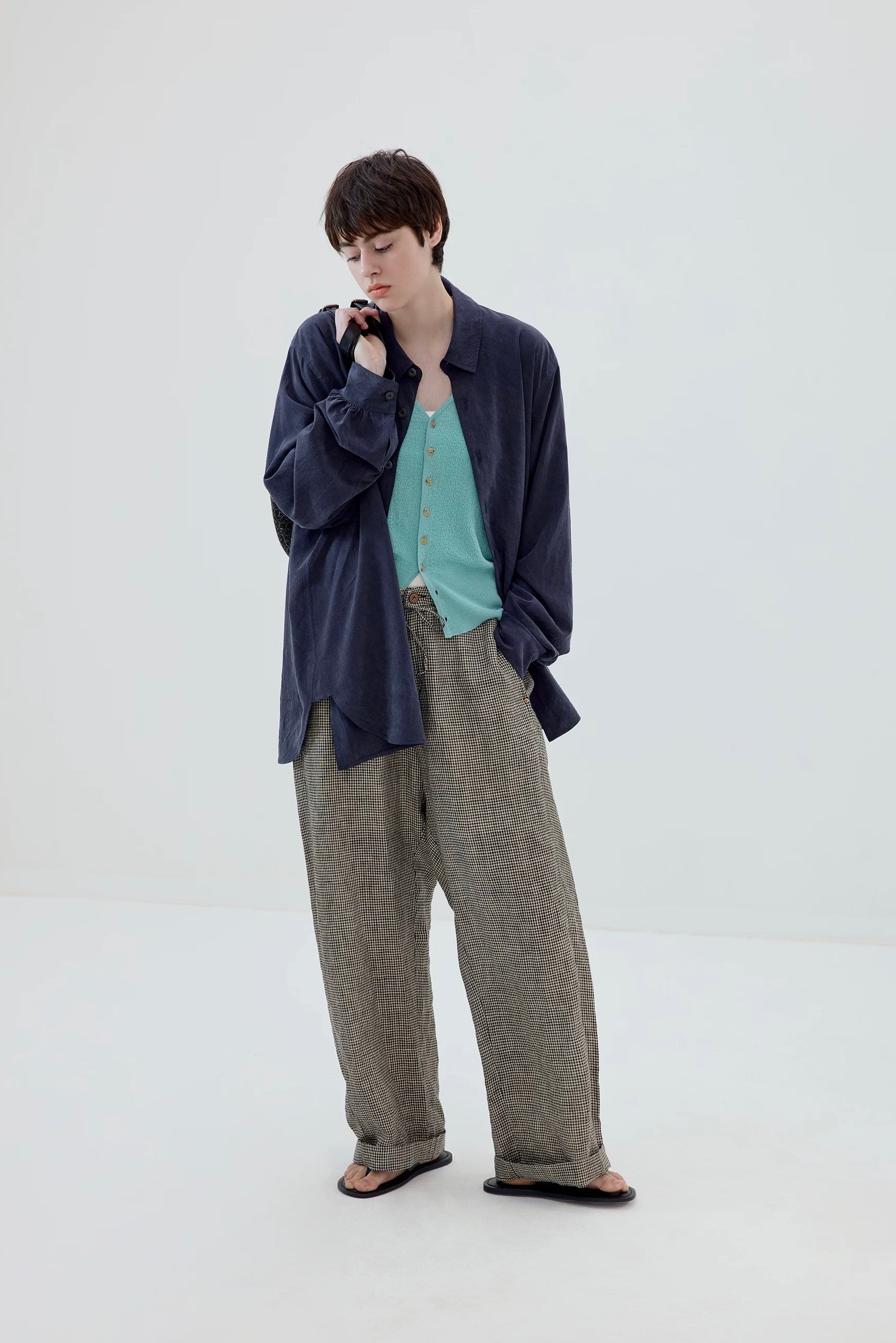 Plaid Linen Drawstring Trousers