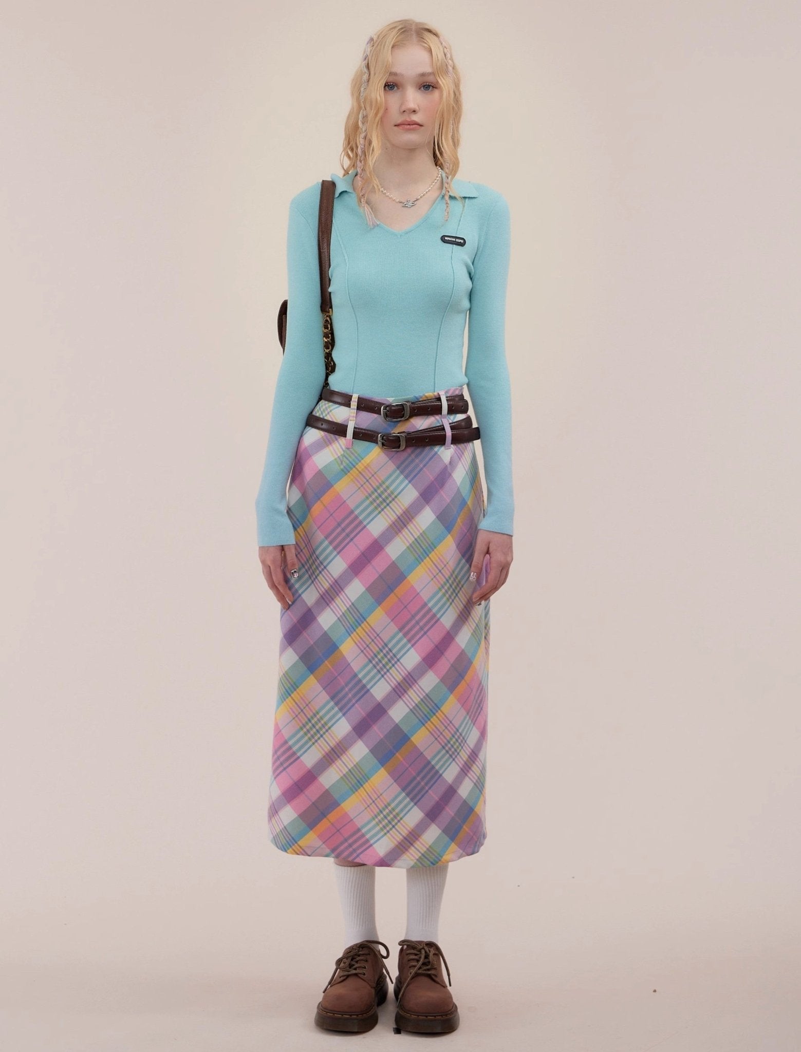 Pastel Plaid Midi Skirt