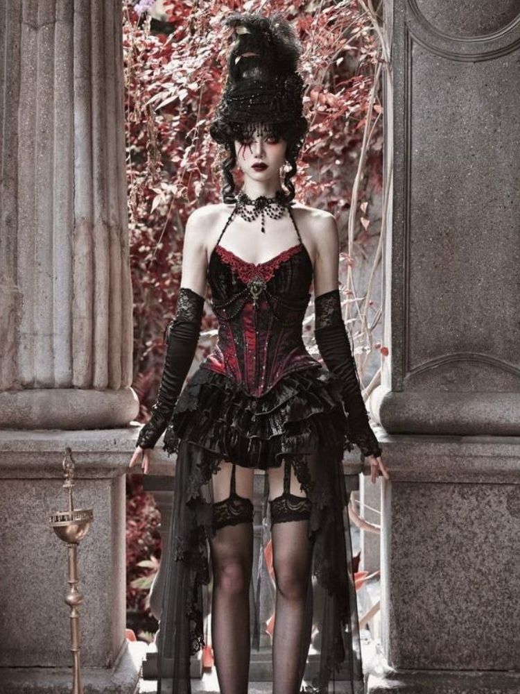 Gothic Velvet Halloween Suspender Dress Set