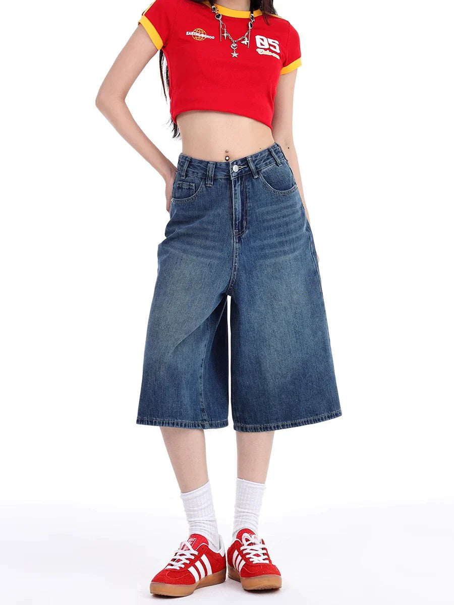 High Waist Denim Culotte Shorts