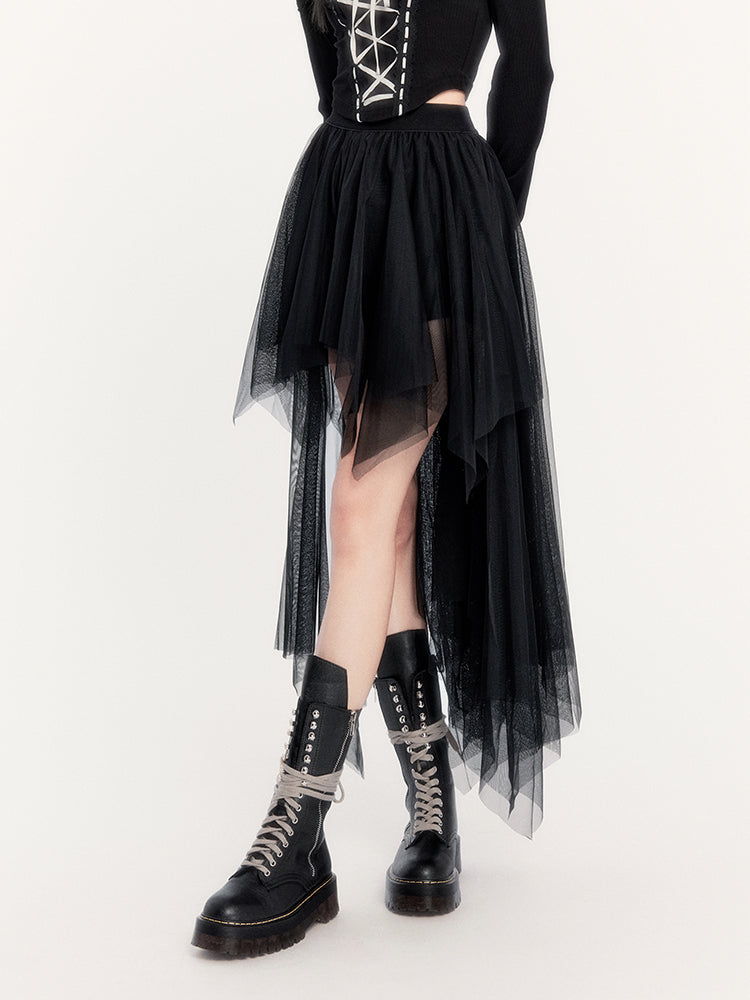 Off-Shoulder Gothic Corset Top and Asymmetric Tulle Skirt