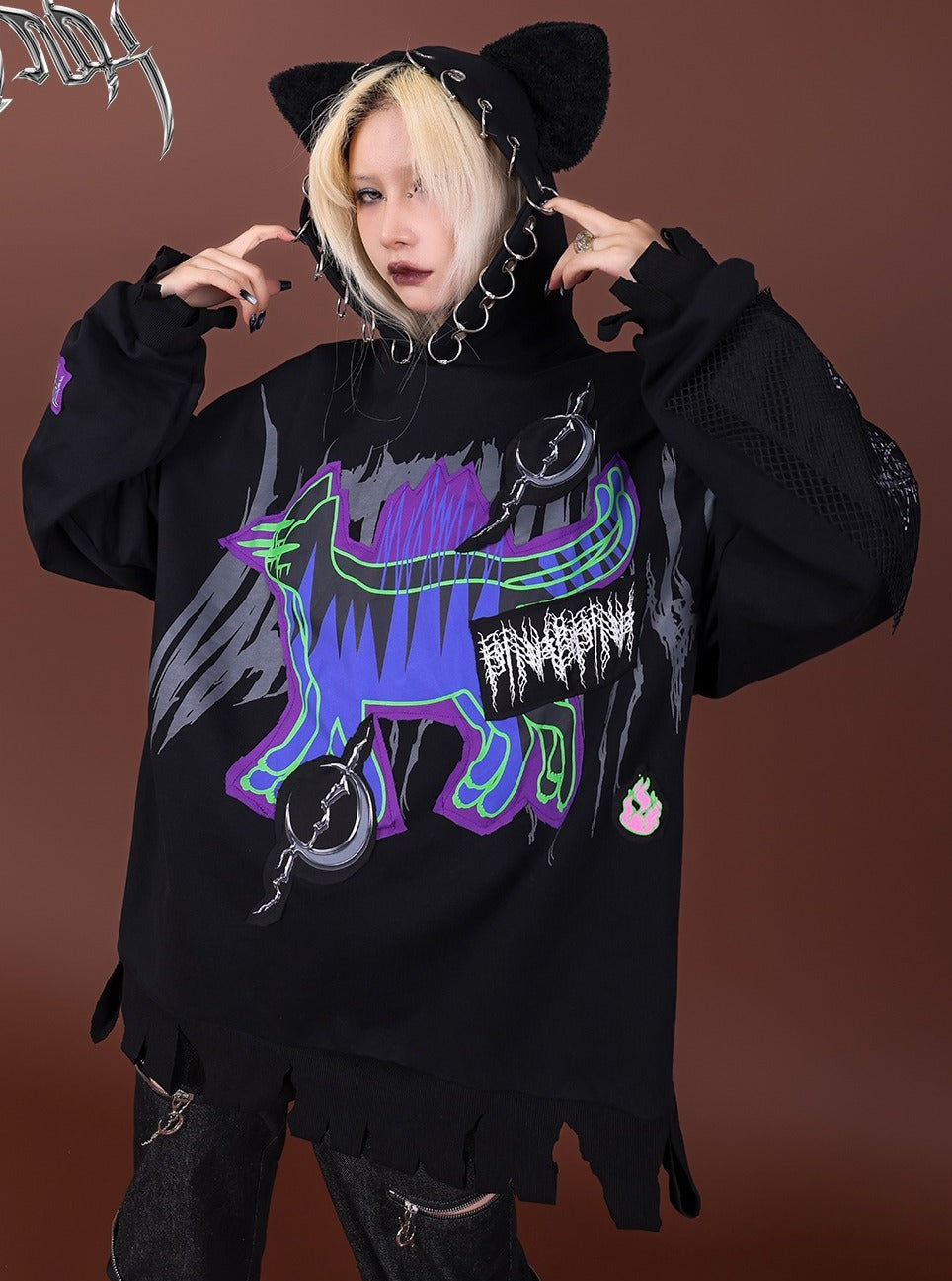 PINKSPINK Cat-Eared Neon Skeleton Hoodie - Black