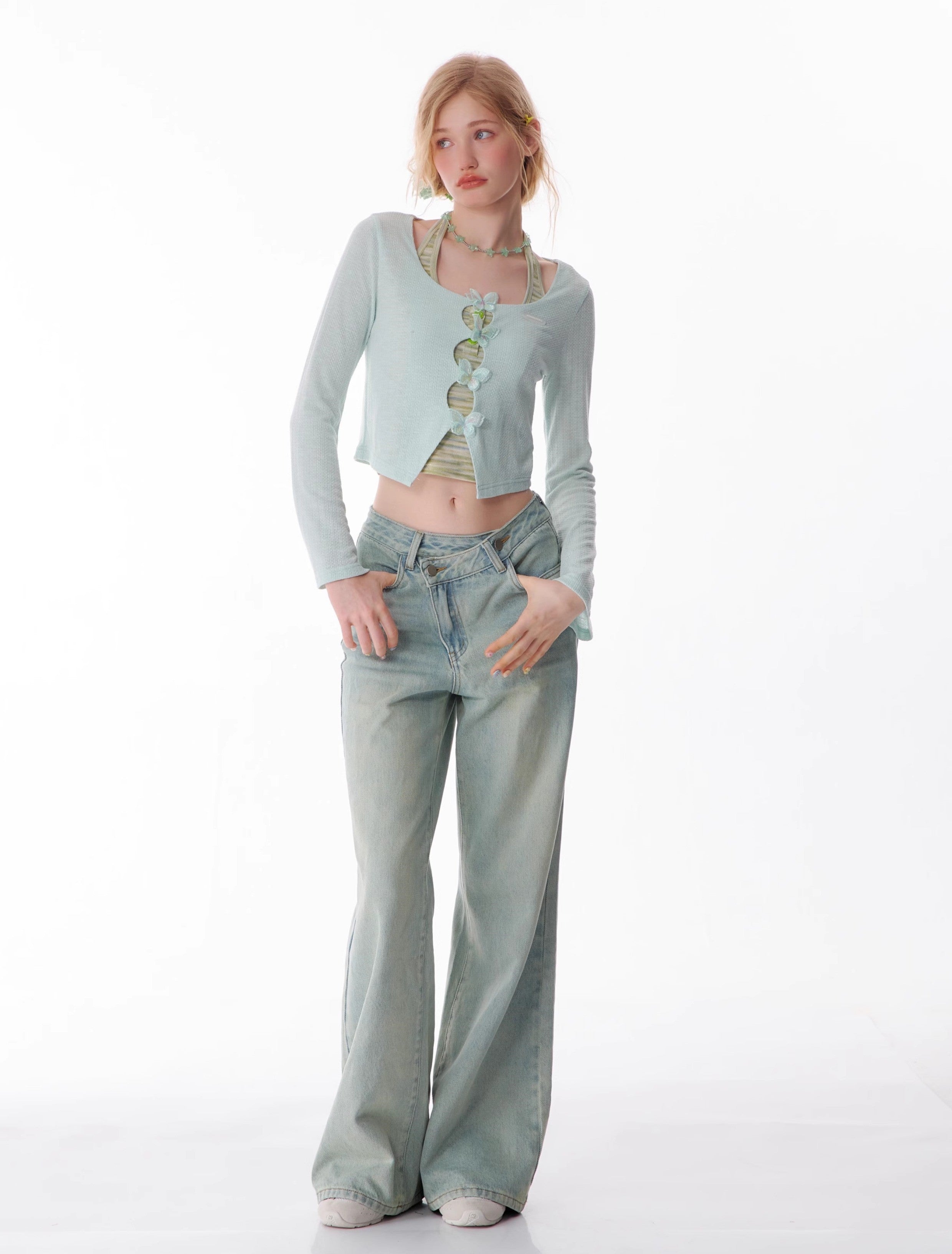 Slanted Light Wash Wide Leg Jeans