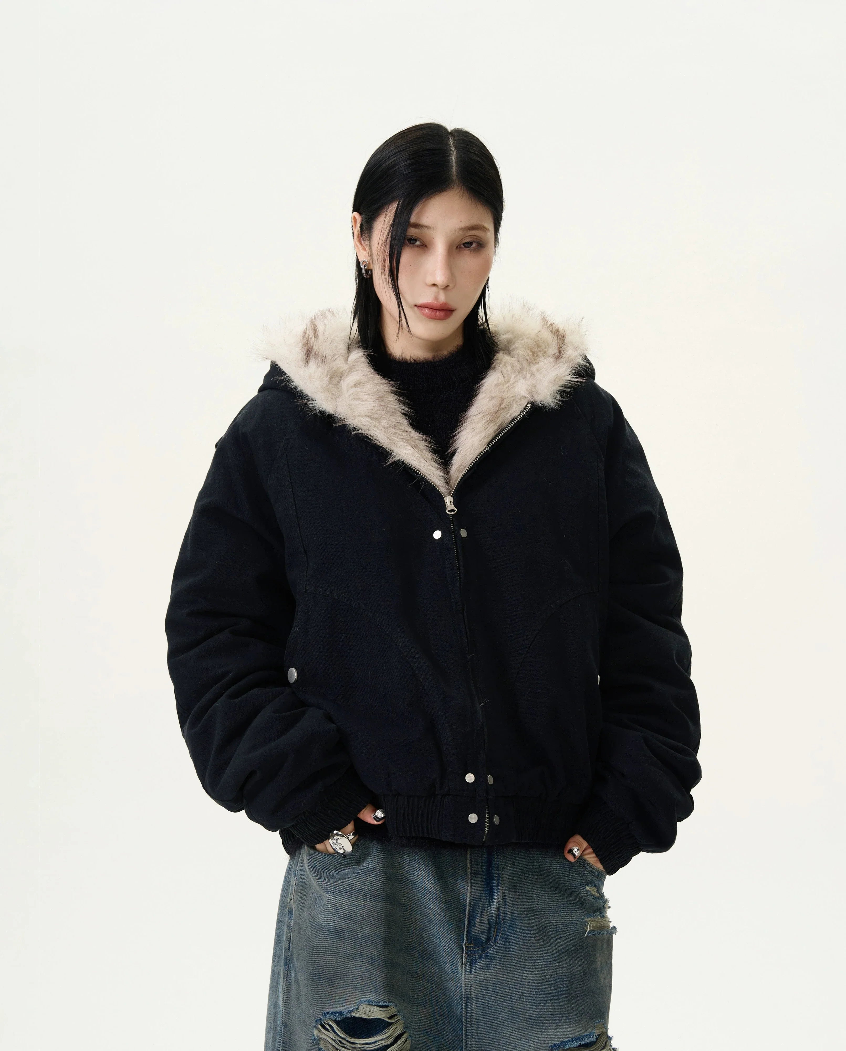 Fur-Trimmed Hooded Bomber Jacket