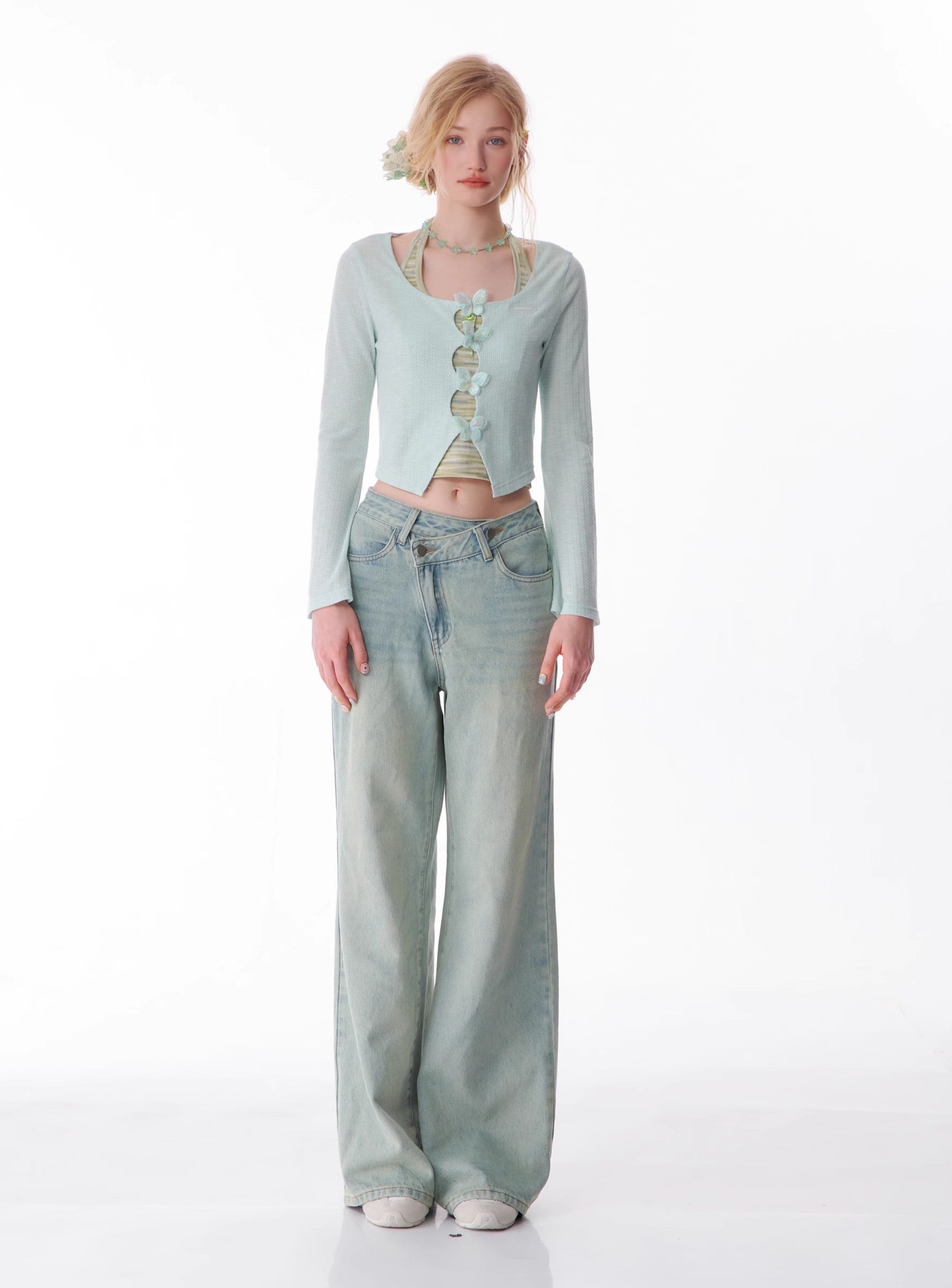 Slanted Light Wash Wide Leg Jeans