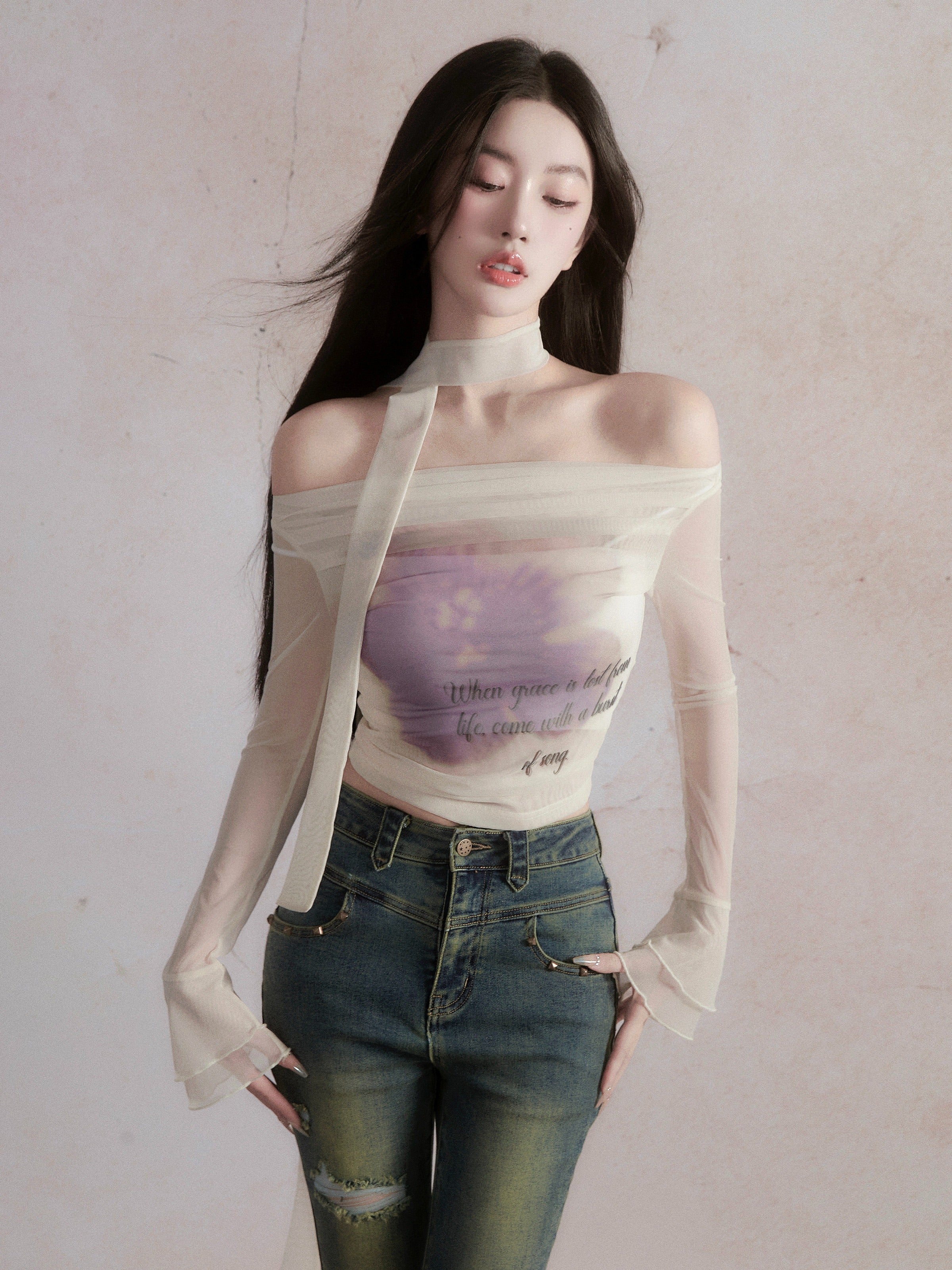 Ethereal Off-Shoulder Crop Top - Sheer Long Bell Sleeve Blouse with Ribbon Tie and Watercolor Print