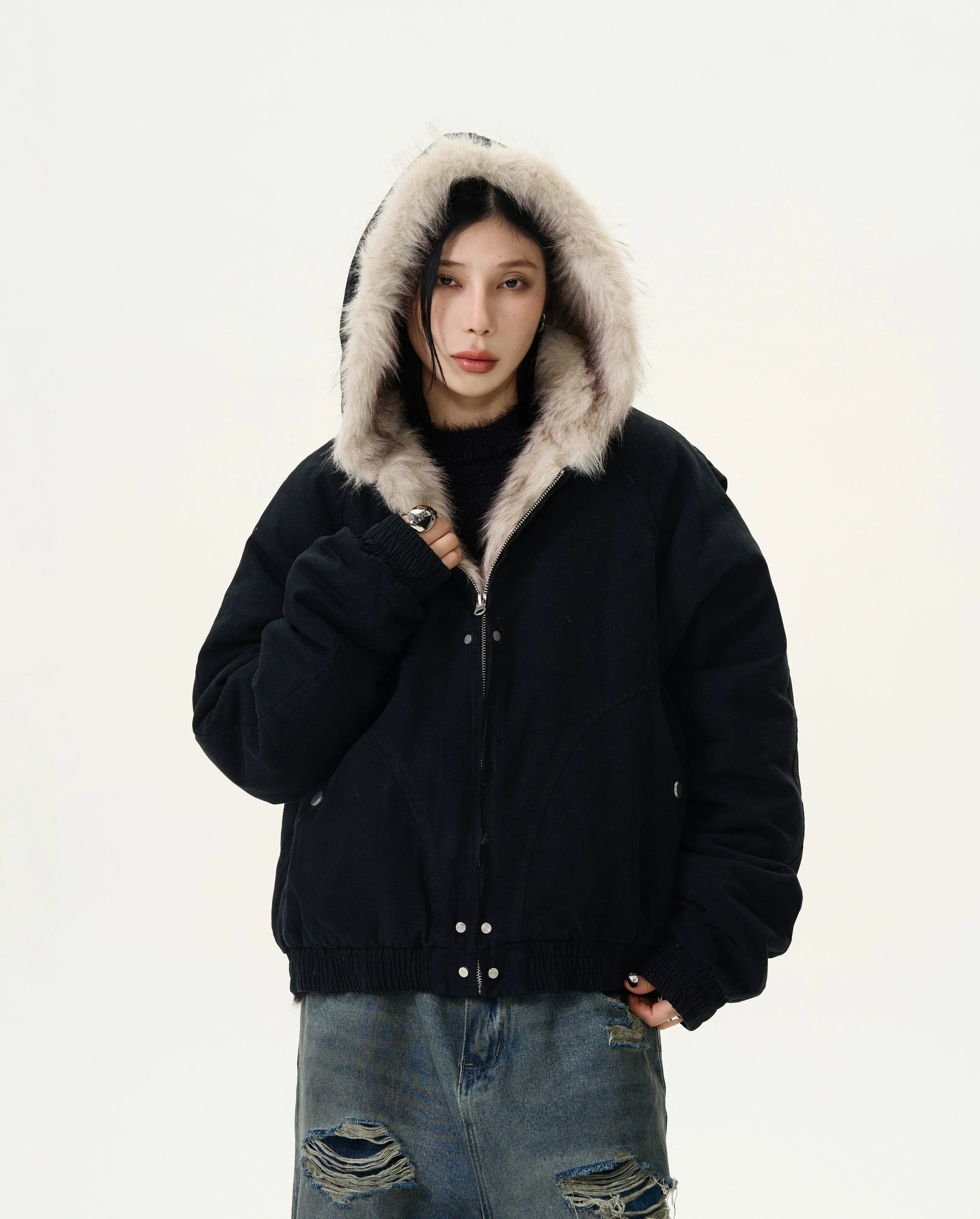 Fur-Trimmed Hooded Bomber Jacket