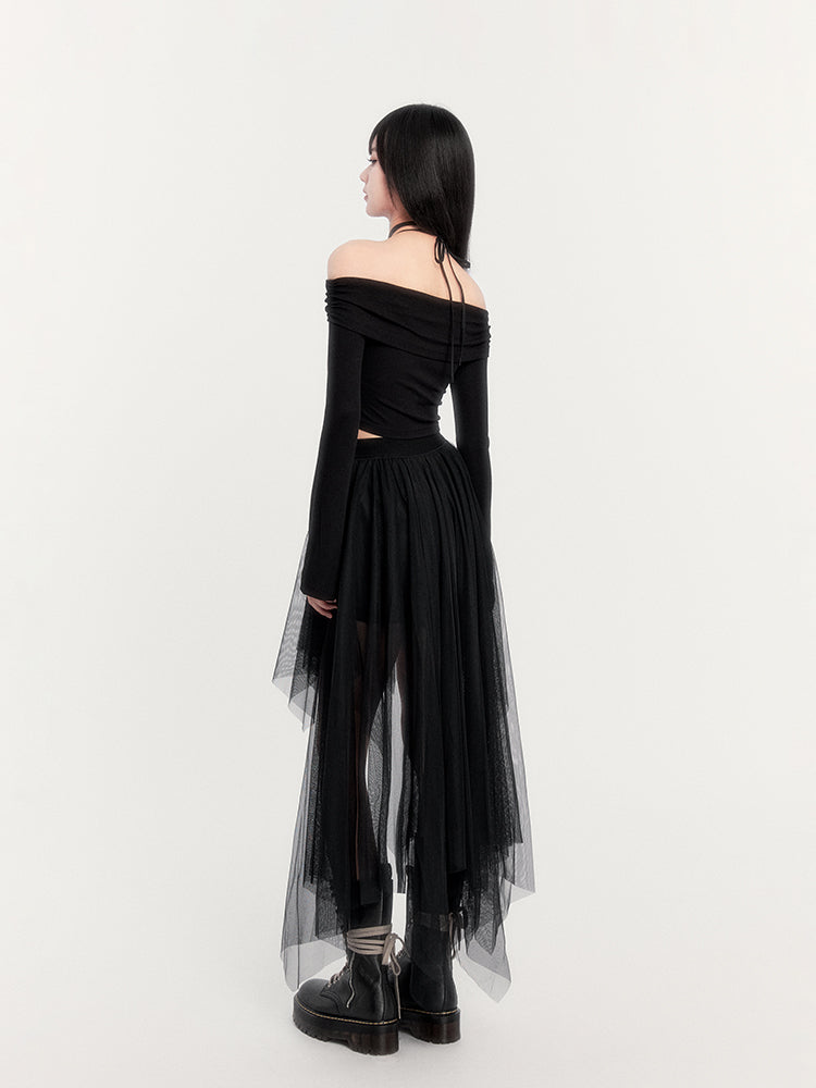 Off-Shoulder Gothic Corset Top and Asymmetric Tulle Skirt