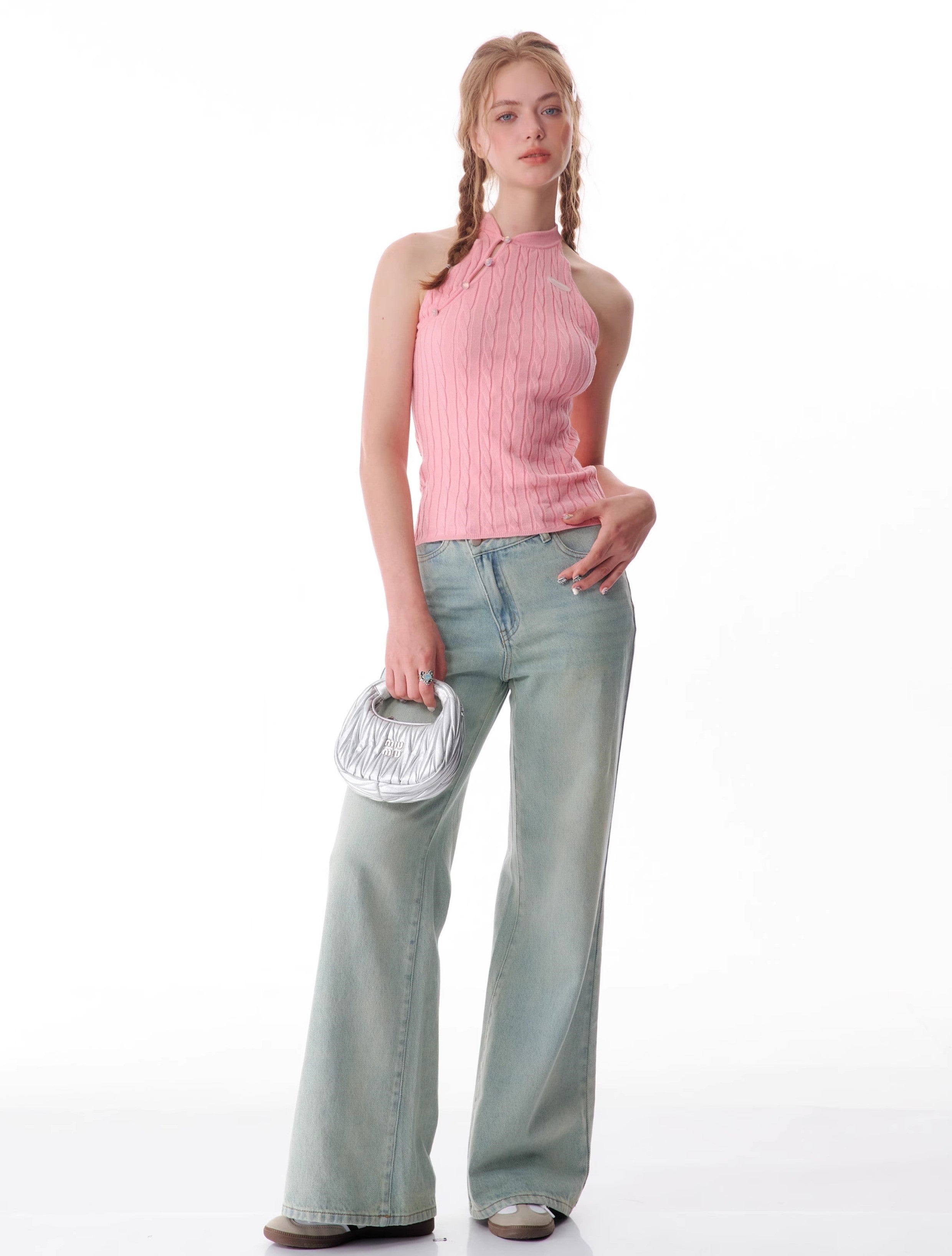 Slanted Light Wash Wide Leg Jeans