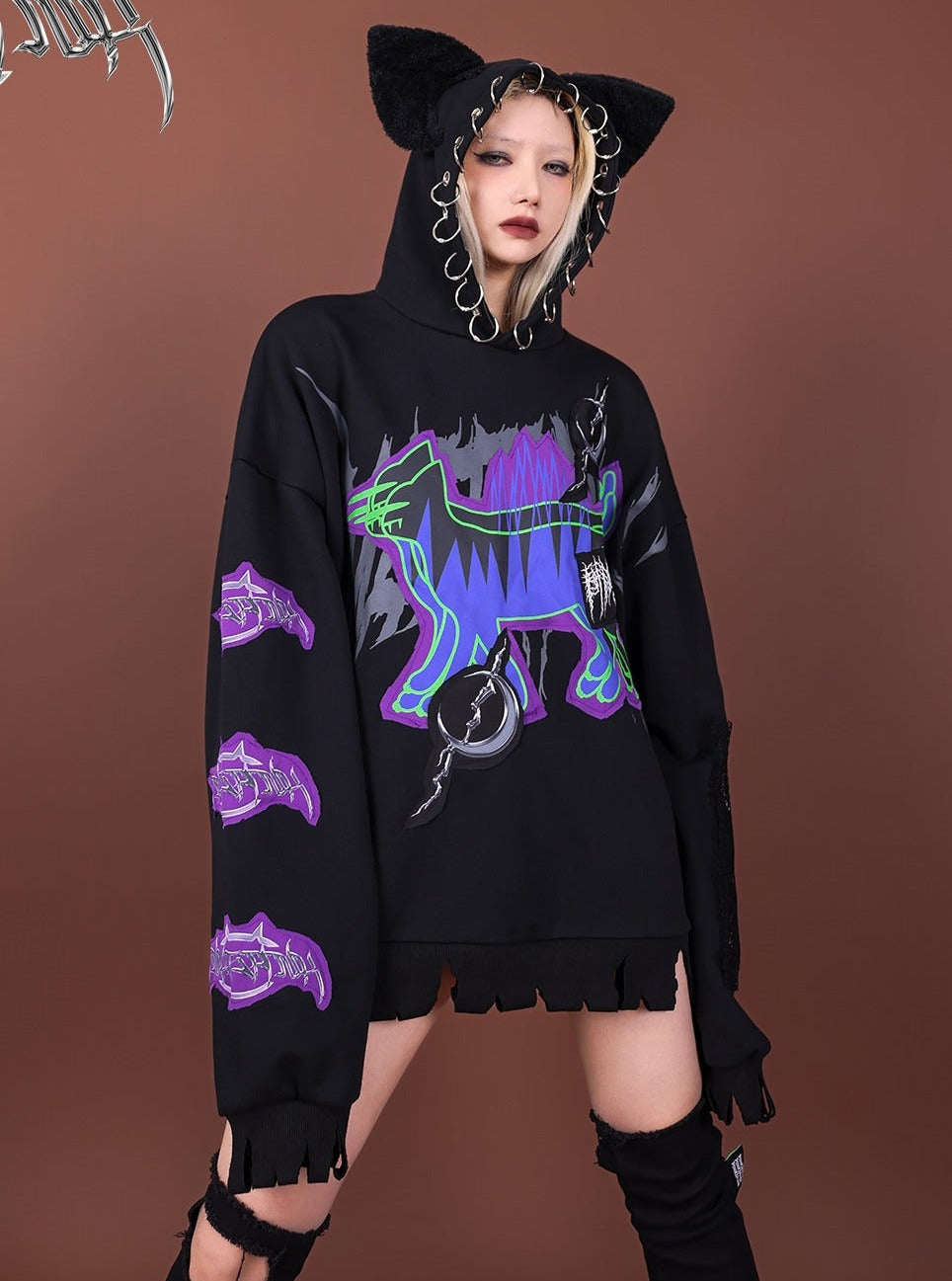 PINKSPINK Cat-Eared Neon Skeleton Hoodie - Black