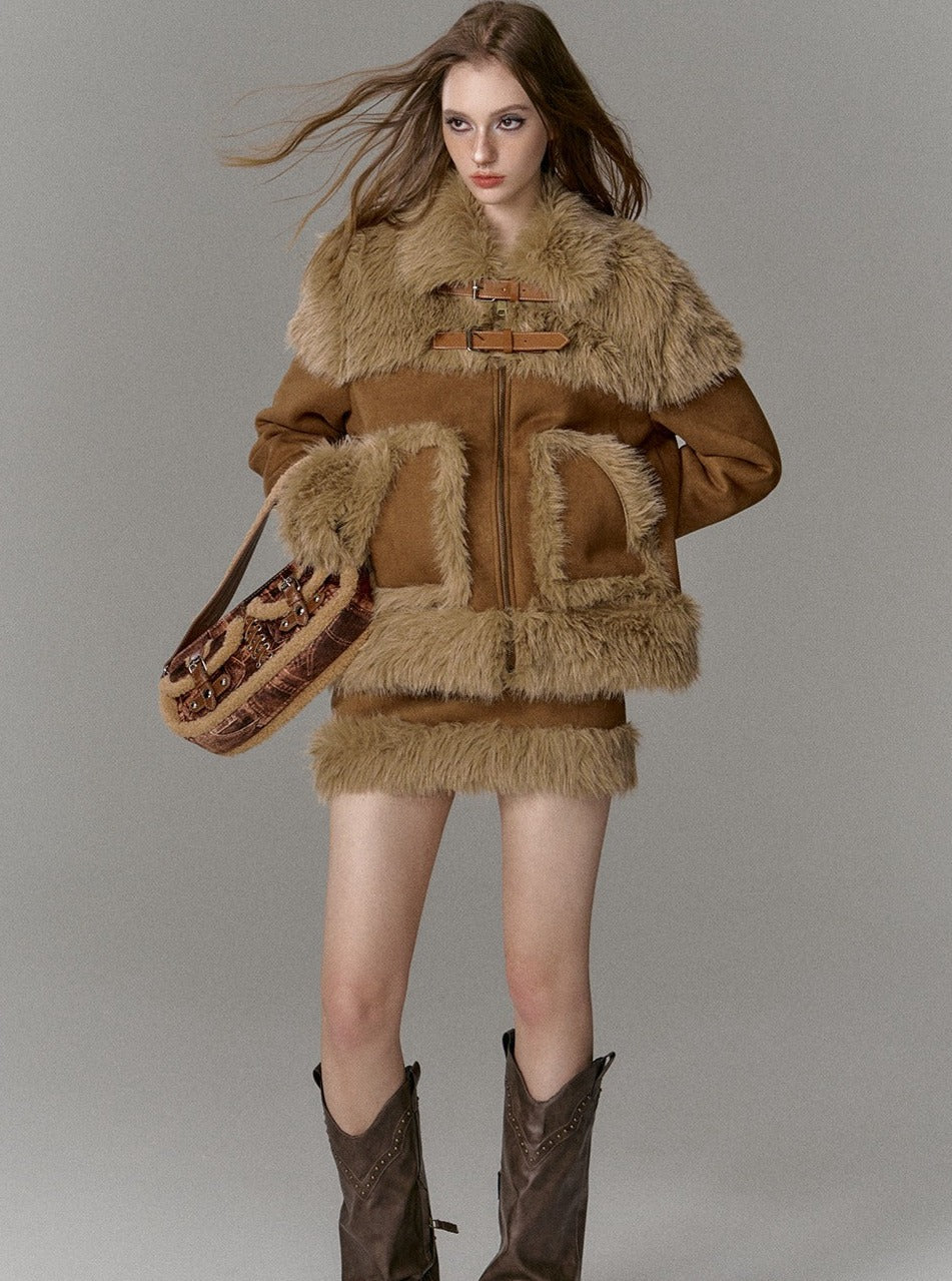 Suede Fur Skirt And Jacket Two-Piece Set - chiclara